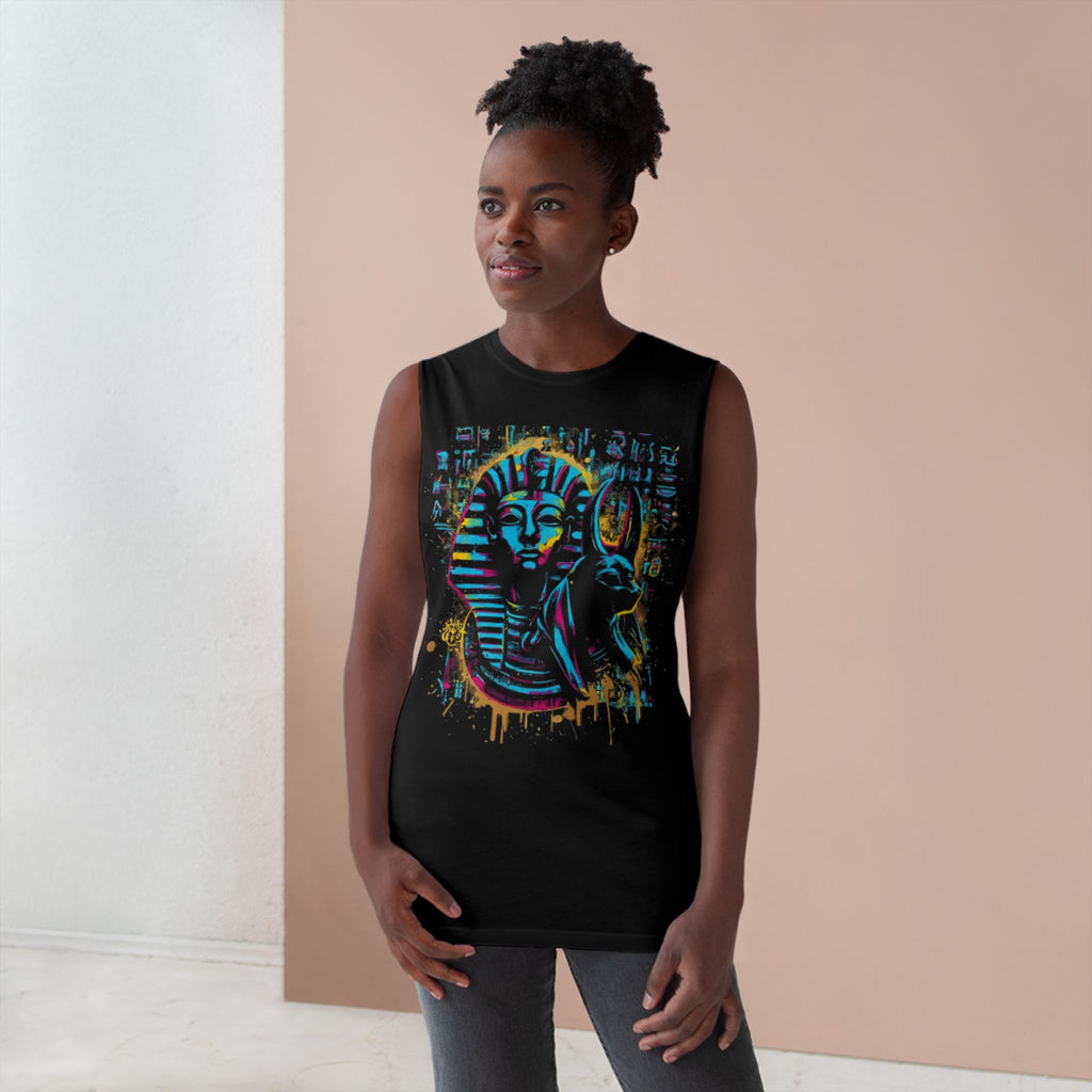 Egyptian Pharaoh Tank Top — Neon Anubis & Tut Graphic Muscle Shirt