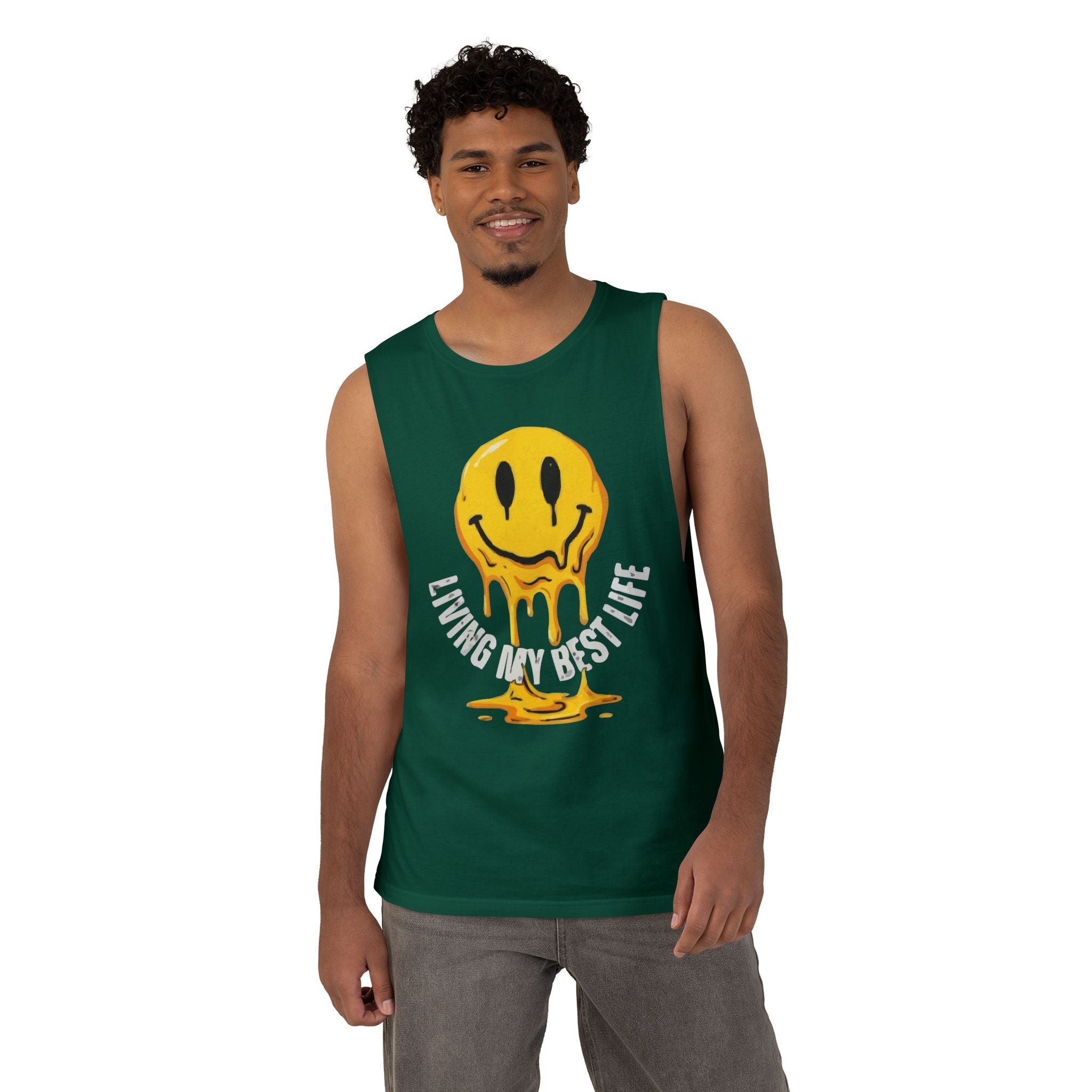 Melting Smile Tank Top — "Living My Best Life" Graphic Muscle Tee
