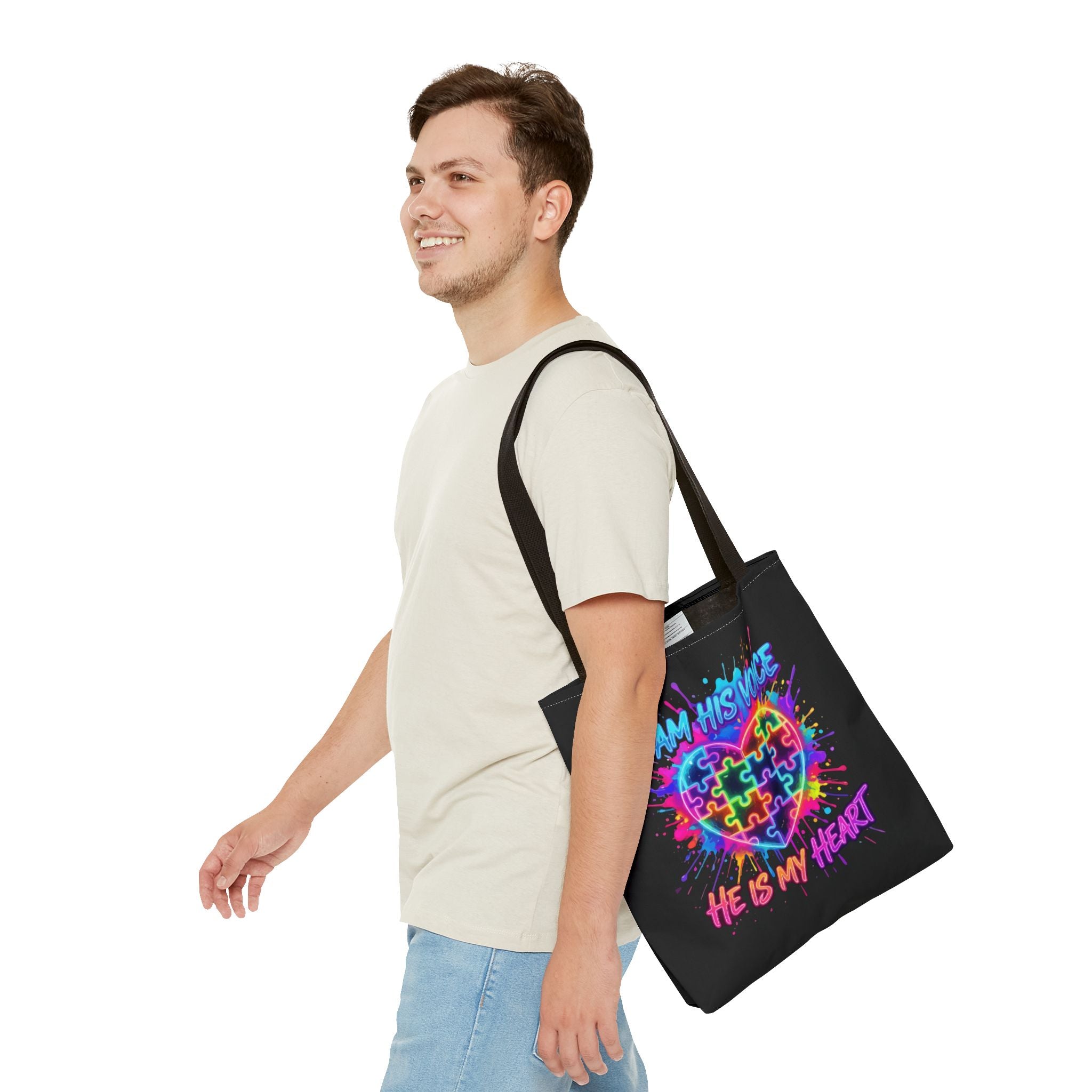 Autism Awareness Tote Bag — "I Am His Voice, He Is My Heart" Colorful Puzzle Heart
