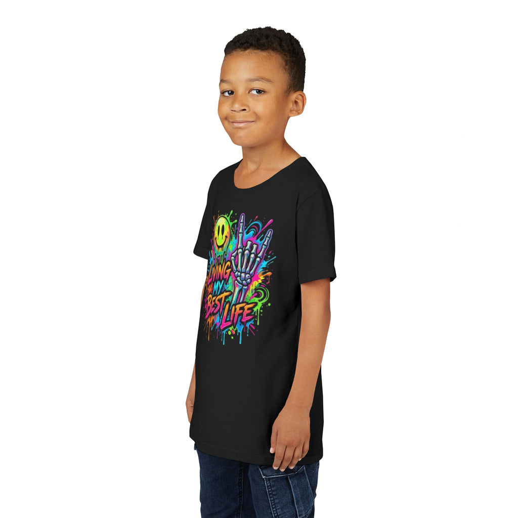Youth Tee — 'Living My Best Life' Neon Skull Graphic