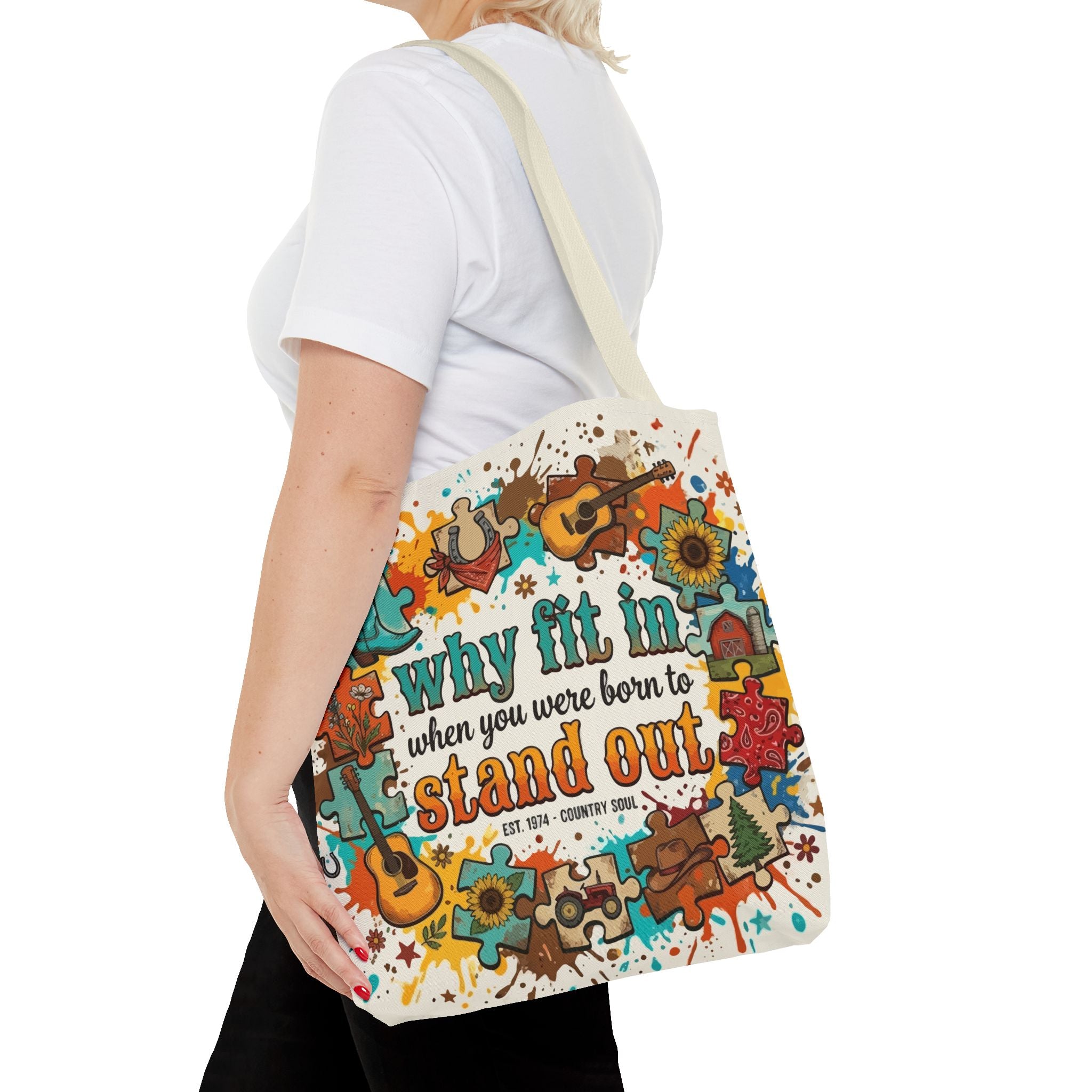 Stand Out Tote Bag — "Why Fit In When You Were Born to Stand Out" Colorful Boho Guitar Design