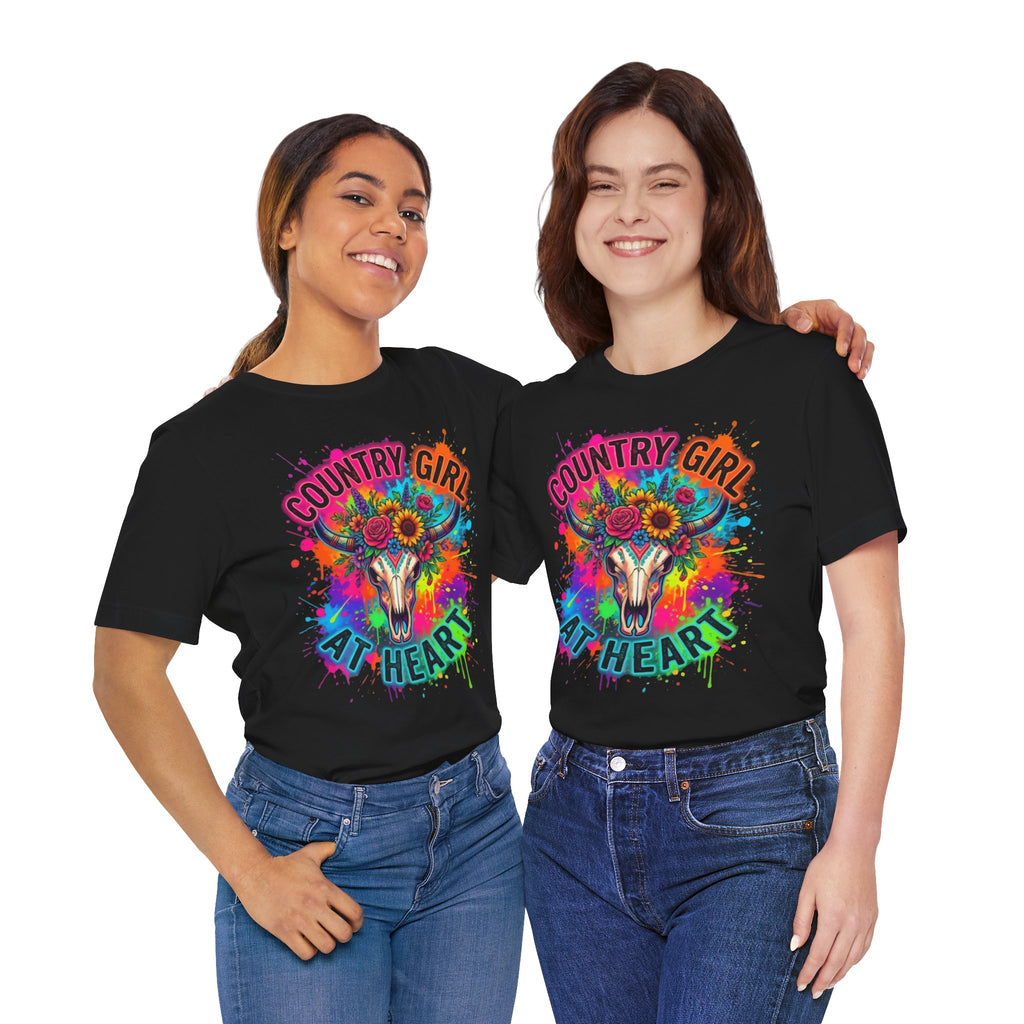 Country Girl At Heart Graphic Tee — Floral Cow Skull Colorful Western T-Shirt