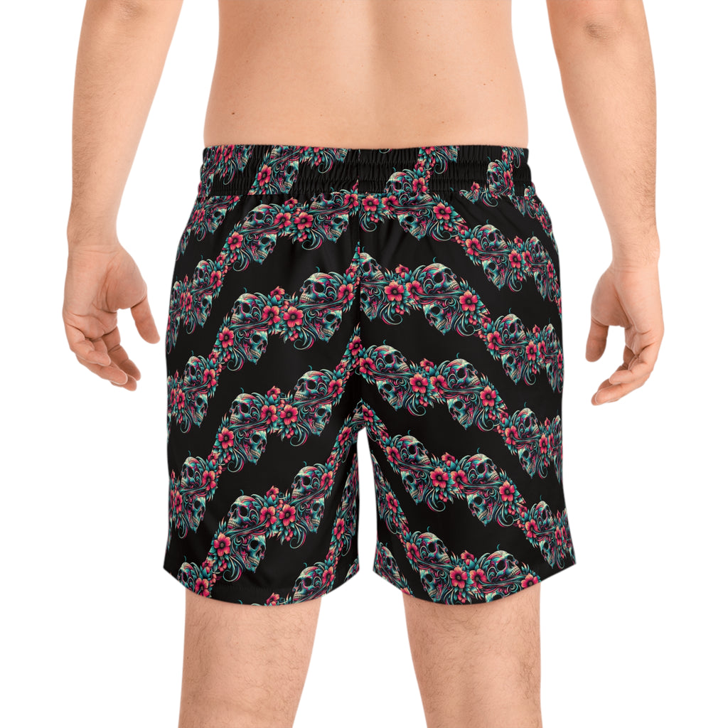 Skull & Hibiscus Swim Shorts — Men's Floral Skull Beach Trunks