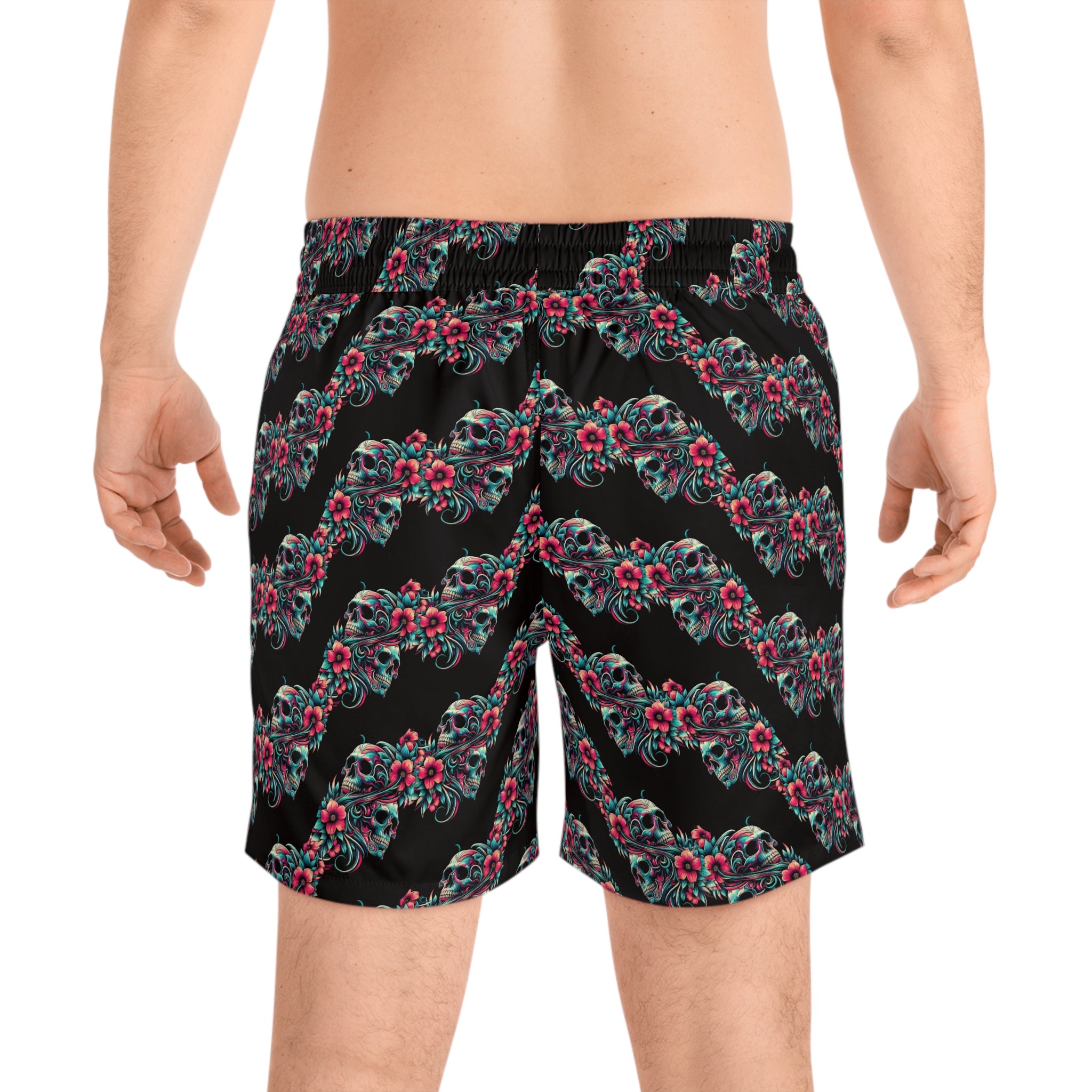 Skull & Hibiscus Swim Shorts — Men's Floral Skull Beach Trunks