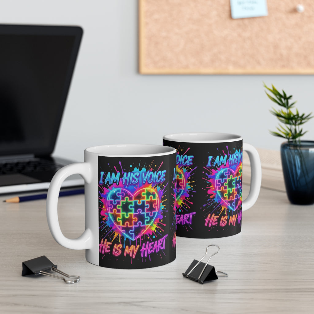 Autism Awareness Mug — "I Am His Voice, He Is My Heart" Rainbow Puzzle Heart 11oz