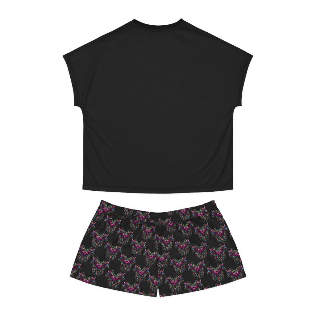 Women's Neon Bat Heart Pajama Set — Gothic Floral Sleep Shorts & Top