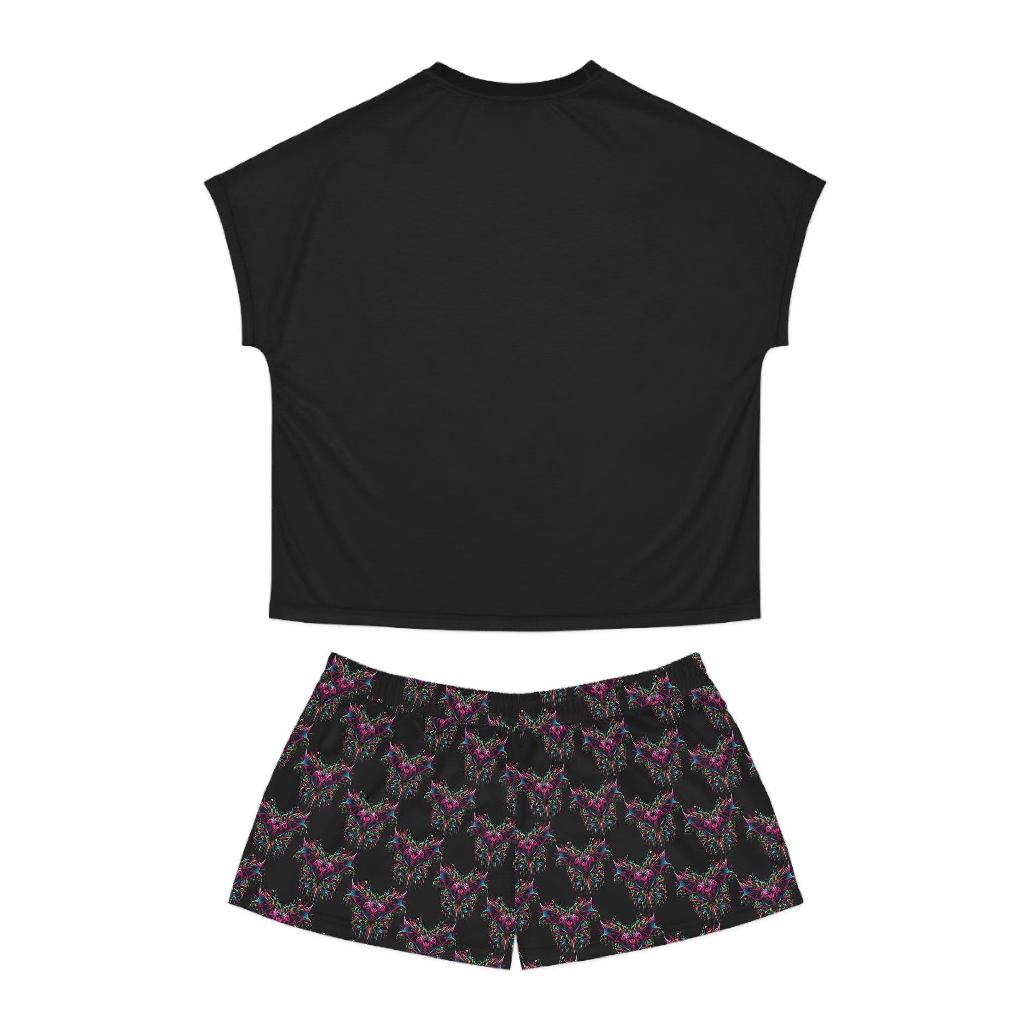 Women's Neon Bat Heart Pajama Set — Gothic Floral Sleep Shorts & Top
