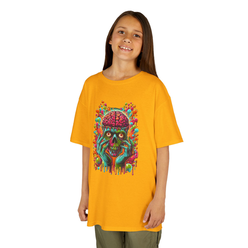 Kids Tee — Neon Brain Monster Graphic T-Shirt (Glow Horror Skate Punk)