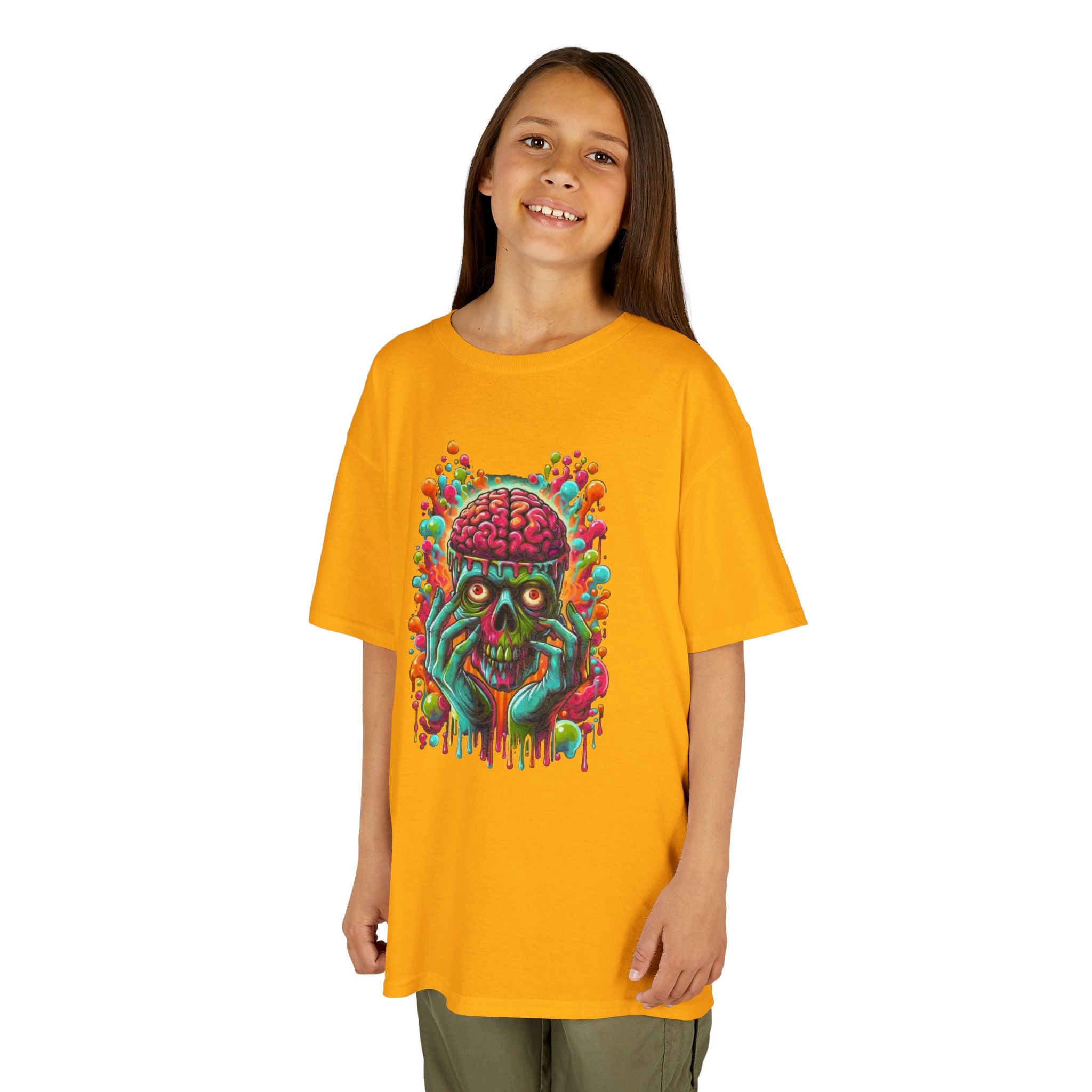 Kids Tee — Neon Brain Monster Graphic T-Shirt (Glow Horror Skate Punk)