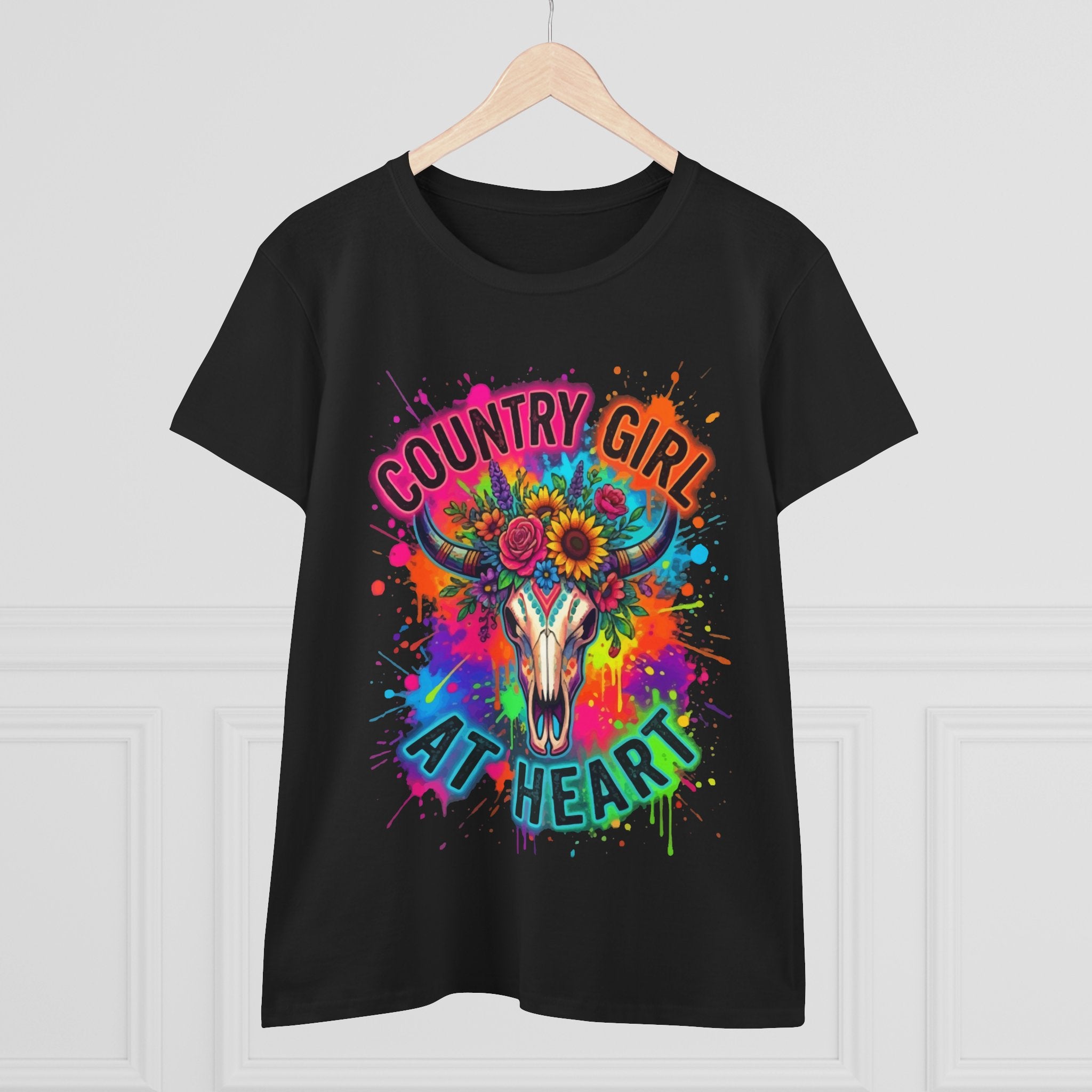 Country Girl At Heart Tee — Colorful Floral Cow Skull Women's T‑Shirt