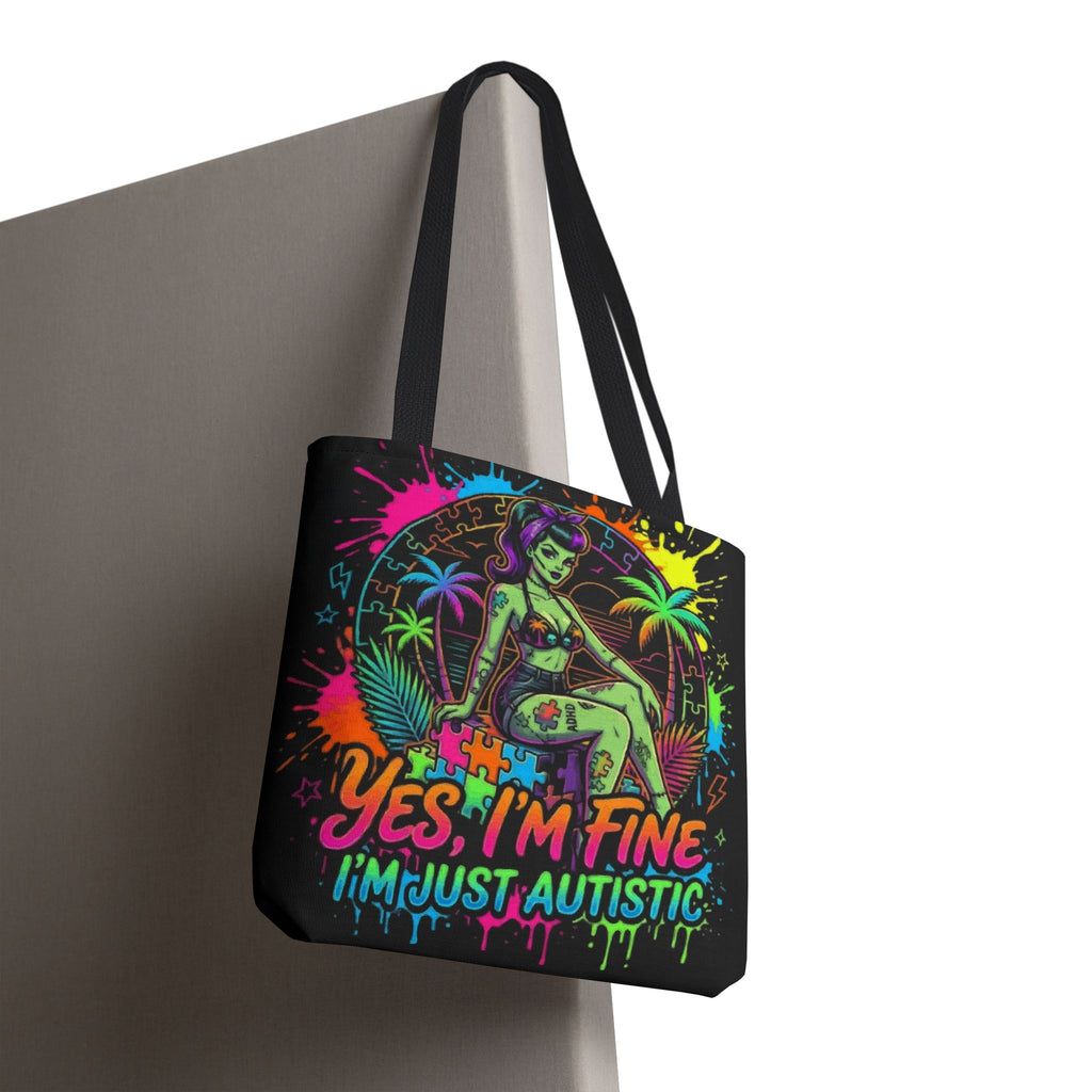 Autistic Pride Tote Bag — “Yes, I’m Fine, I’m Just Autistic” Neon Pinup Tote