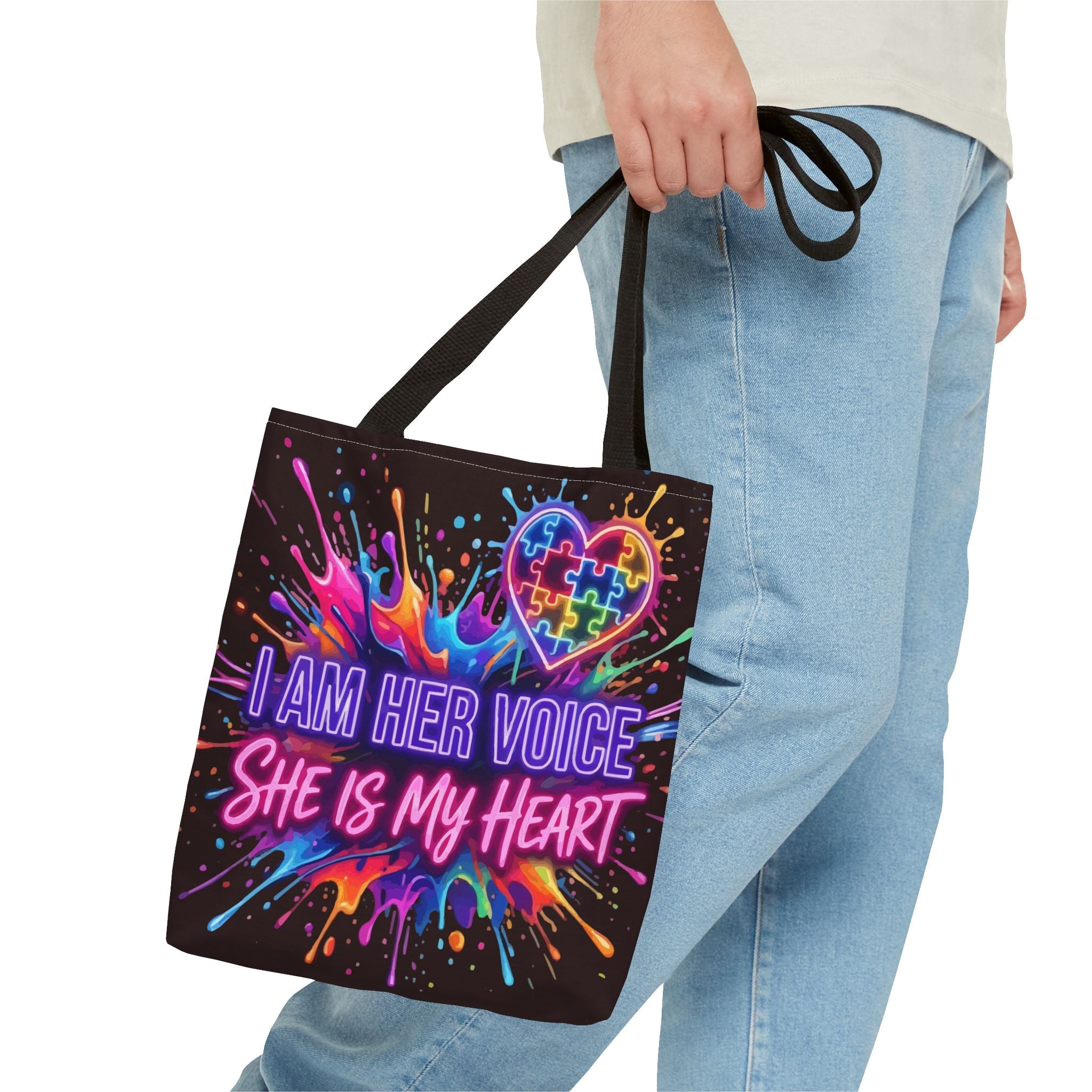 Autism Awareness Tote Bag - "I Am Her Voice, She Is My Heart" Colorful Puzzle Heart Carryall