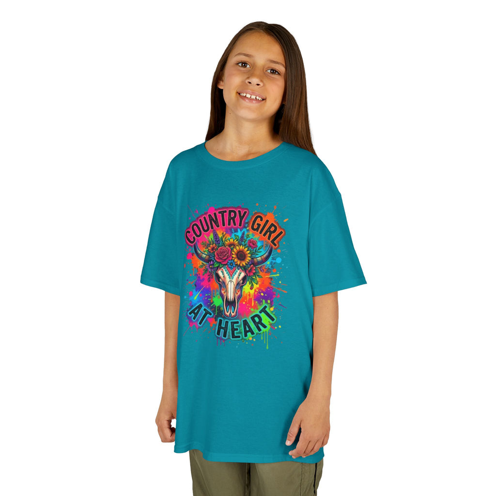 Kids T-Shirt - "Country Girl At Heart" Colorful Skull & Flowers Tee
