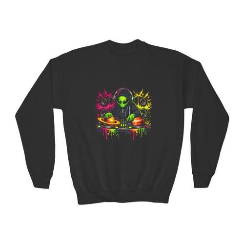 Alien DJ Youth Sweatshirt — Neon UFO Rave Crewneck