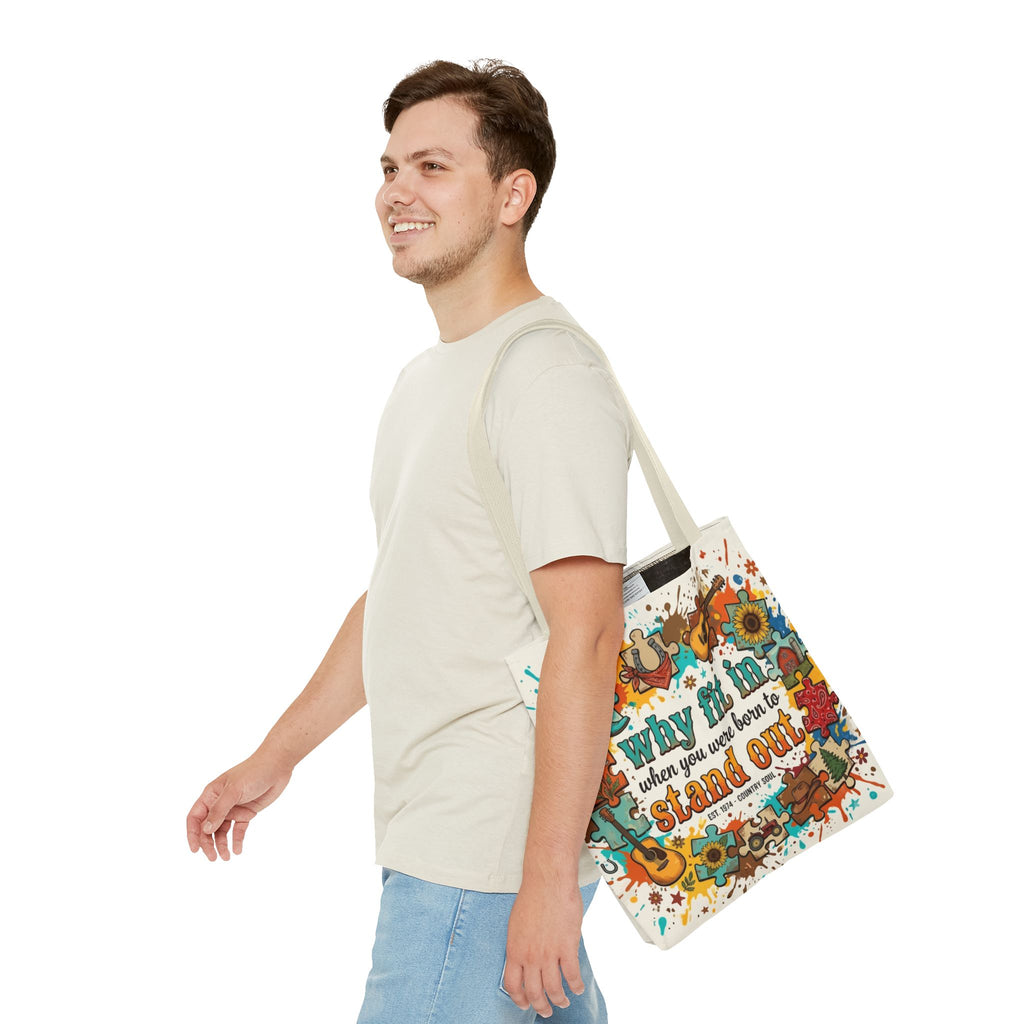 Stand Out Tote Bag — "Why Fit In When You Were Born to Stand Out" Colorful Boho Guitar Design