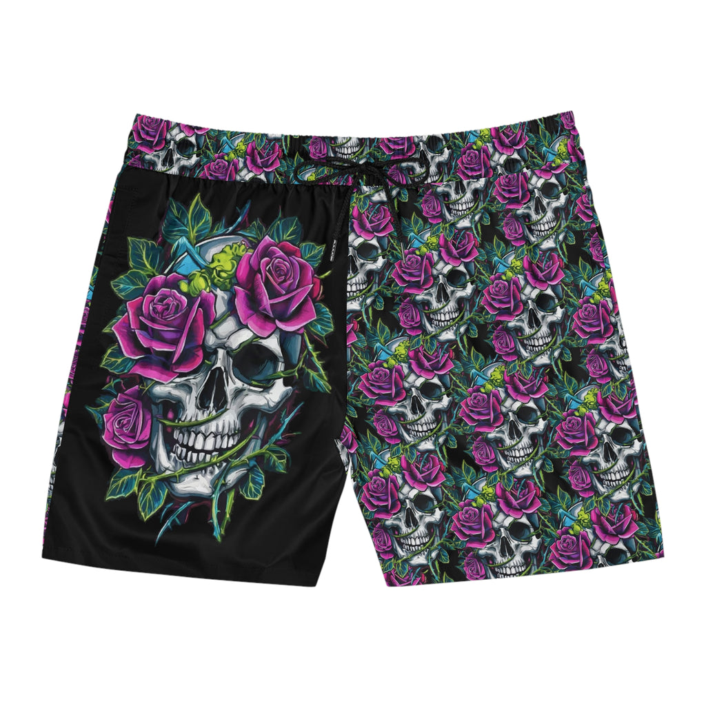 Men's Skull & Roses Swim Shorts — Purple Rose Skeleton Beach Trunks