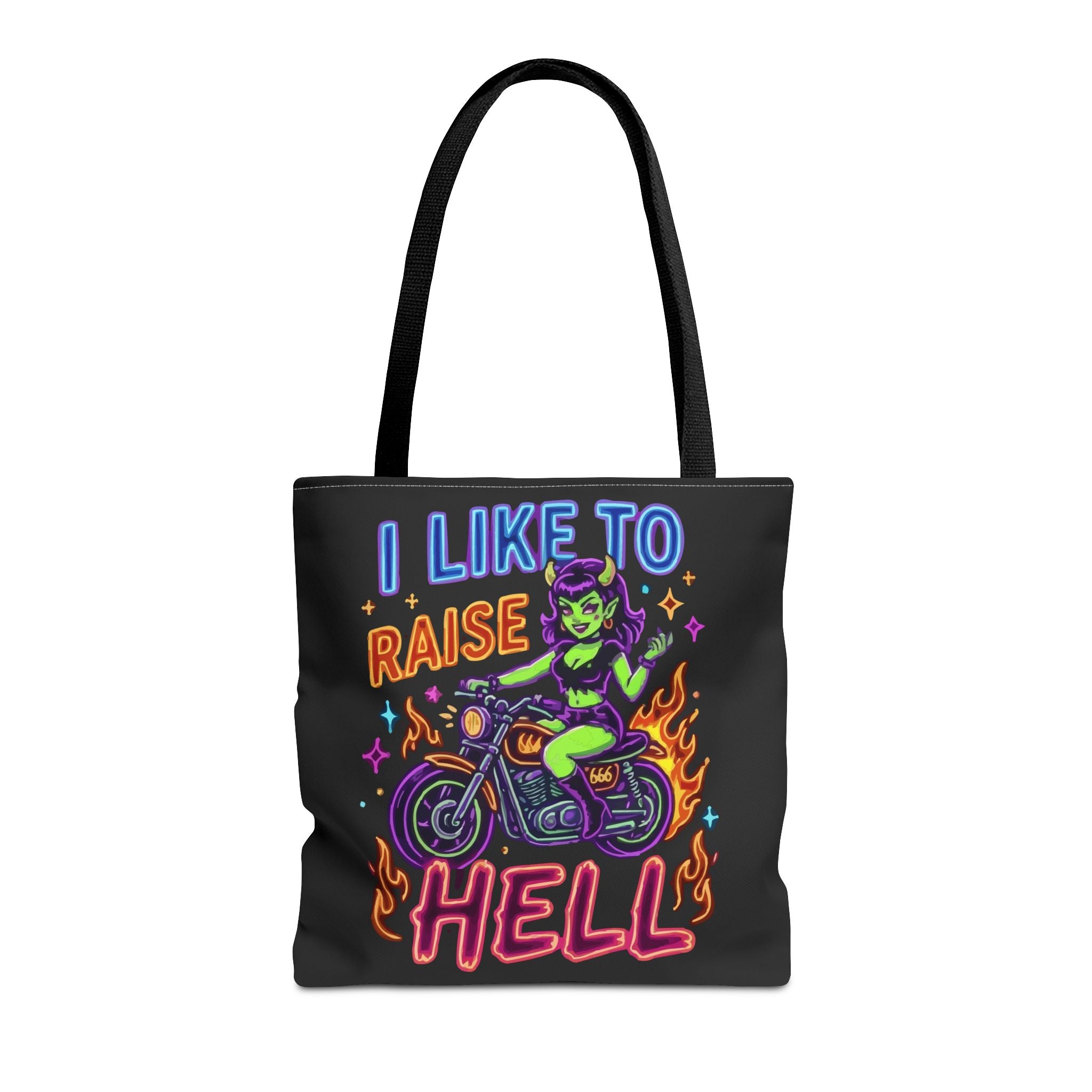 I Like to Raise Hell Motorcycle Tote Bag — Neon Biker Cat Graphic