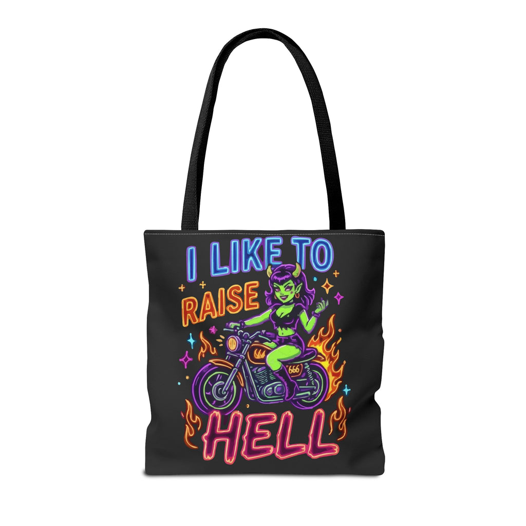 I Like to Raise Hell Motorcycle Tote Bag — Neon Biker Cat Graphic