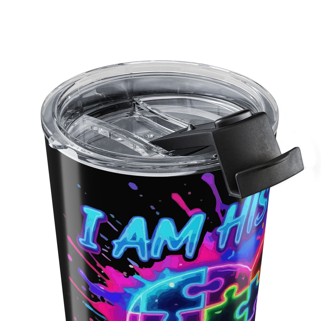 Autism Puzzle Heart 20oz Tumbler — Neon "He’s My Voice" Travel Cup