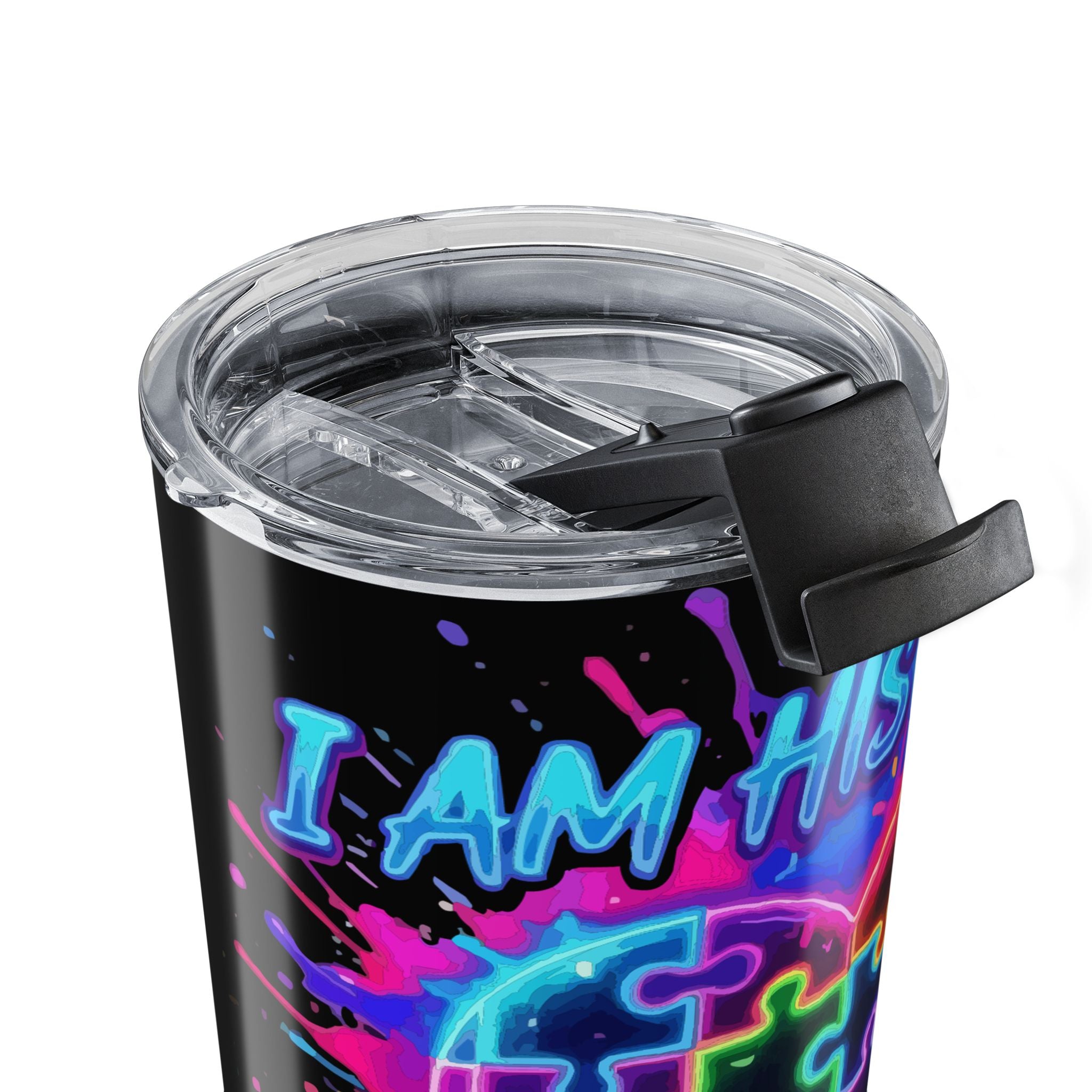 Autism Puzzle Heart 20oz Tumbler — Neon "He’s My Voice" Travel Cup
