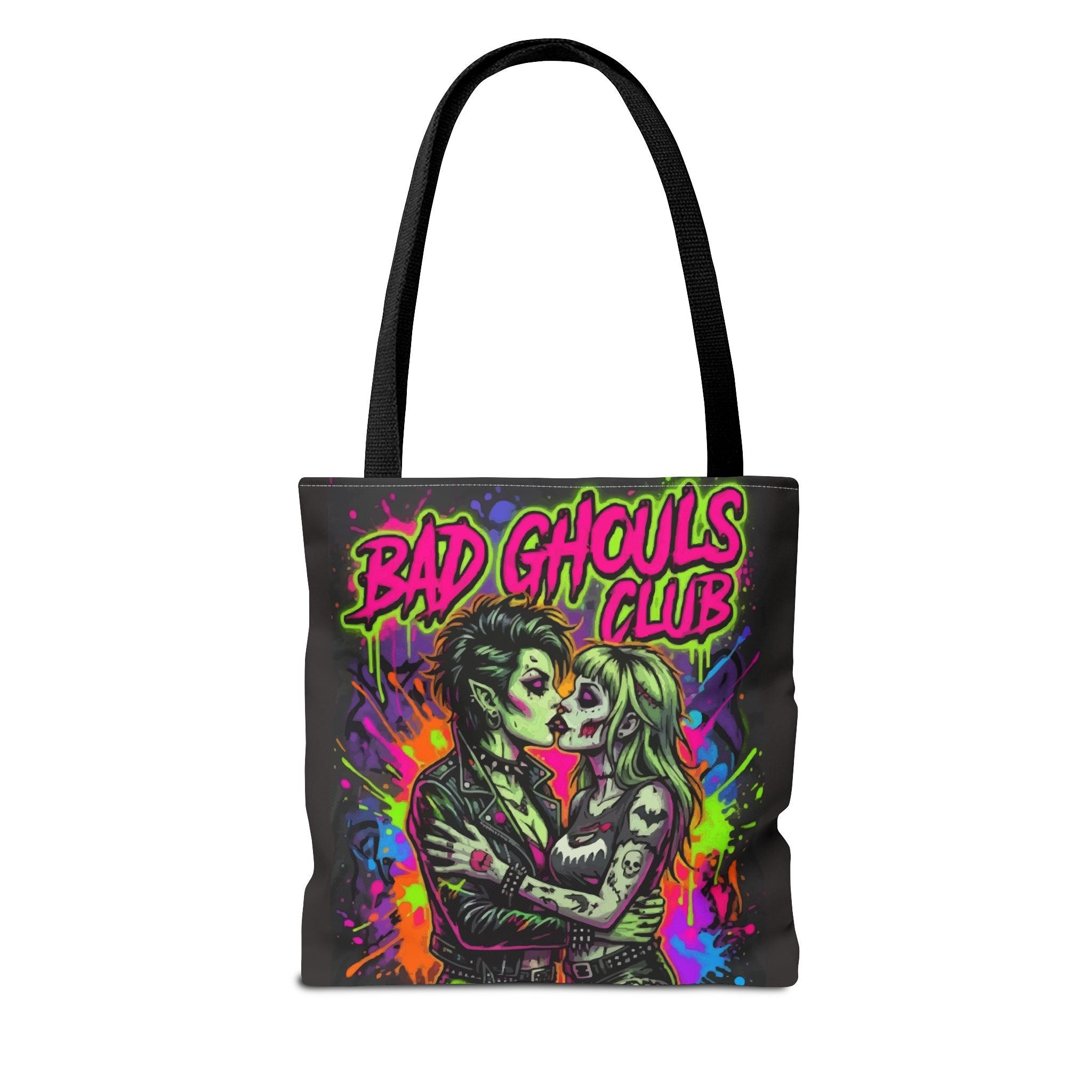 Bad Ghouls Club Tote Bag — Neon Goth Zombie Couple Graphic Tote