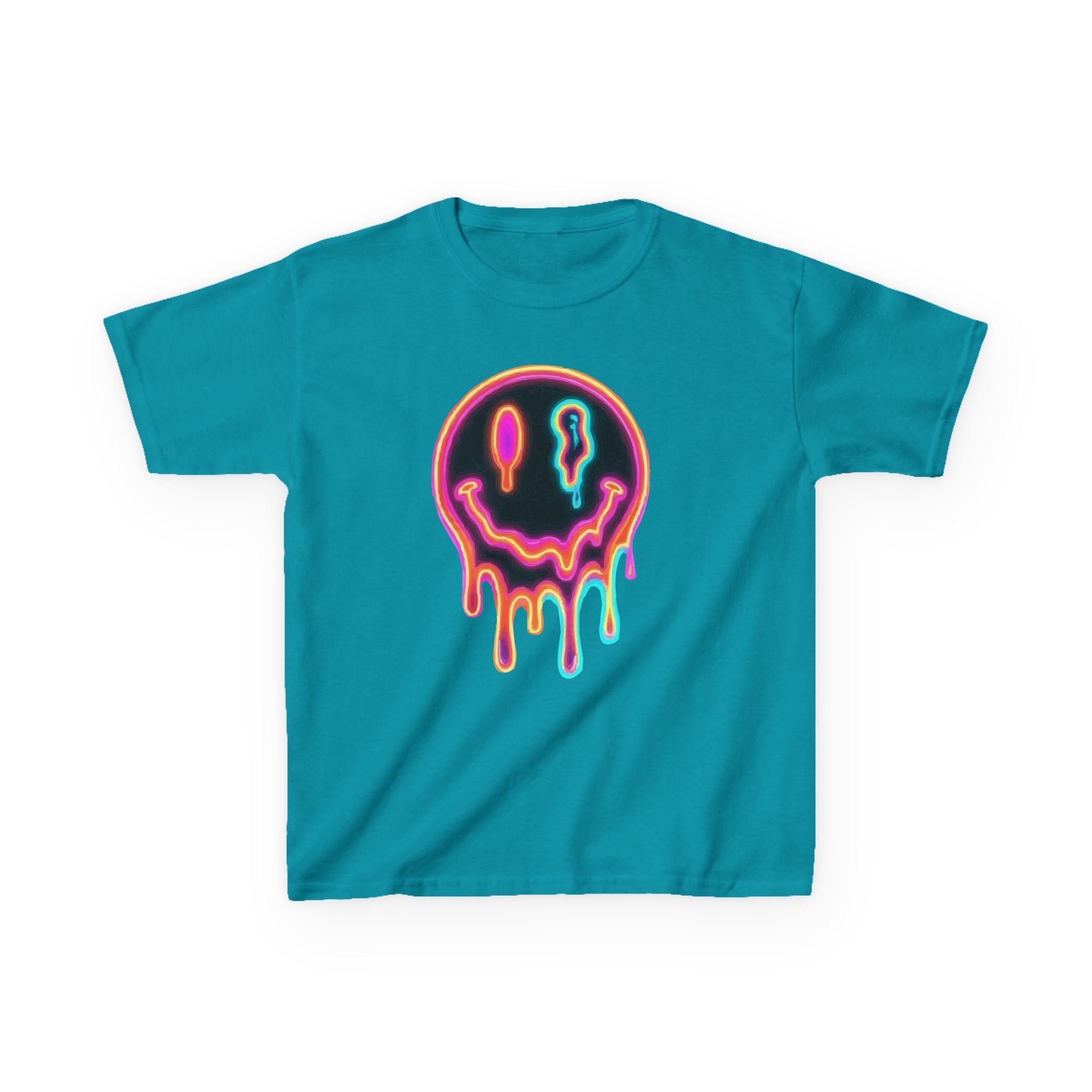 Kids Neon Drip Smiley T-Shirt — Colorful Melting Emoji Tee for Boys & Girls