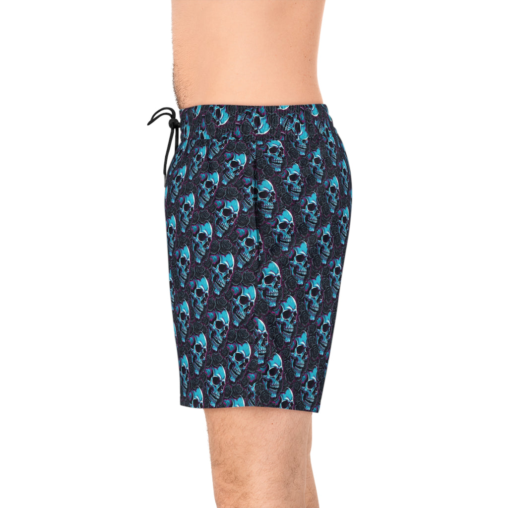 Men's Skull Rose Swim Shorts — Blue Neon Skull All-Over Print Mid-Length Trunks