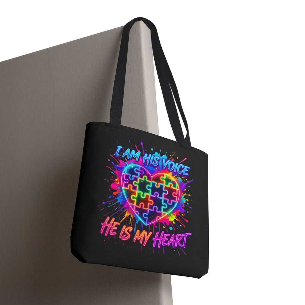 Autism Awareness Tote Bag — "I Am His Voice, He Is My Heart" Colorful Puzzle Heart