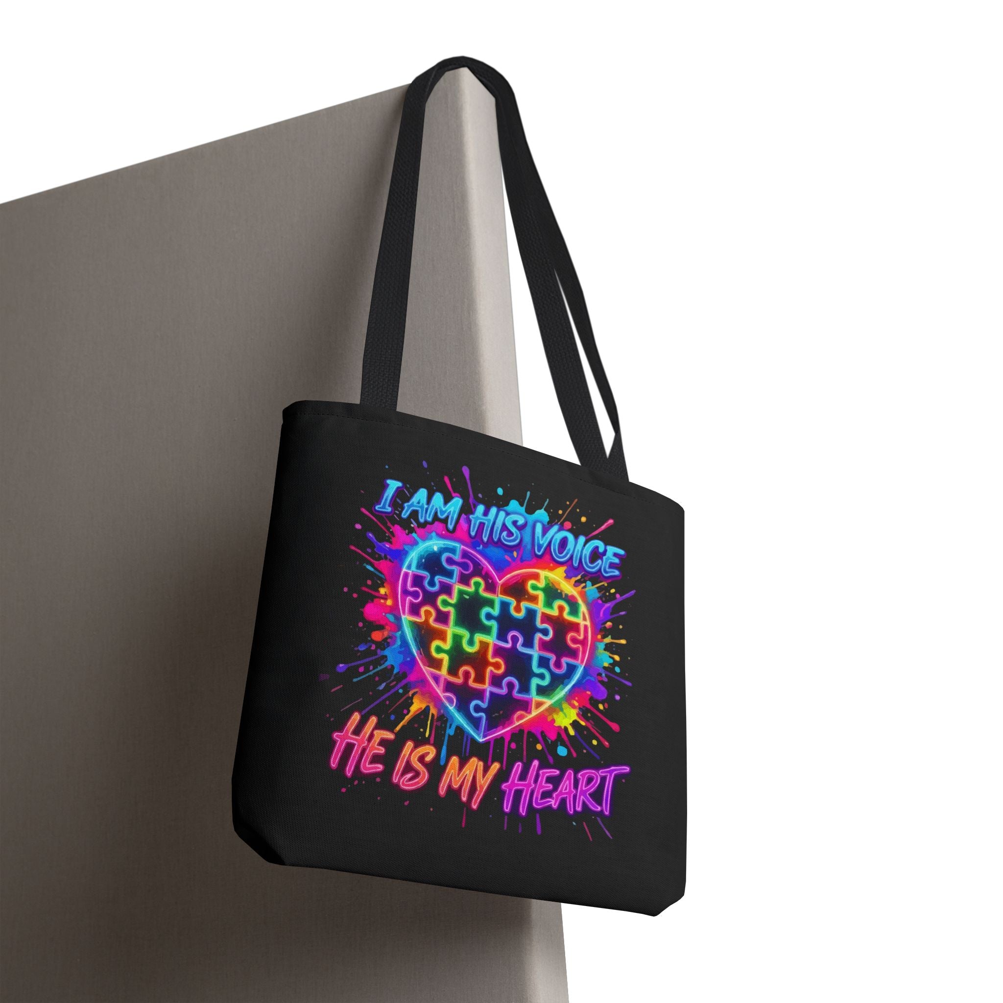 Autism Awareness Tote Bag — "I Am His Voice, He Is My Heart" Colorful Puzzle Heart