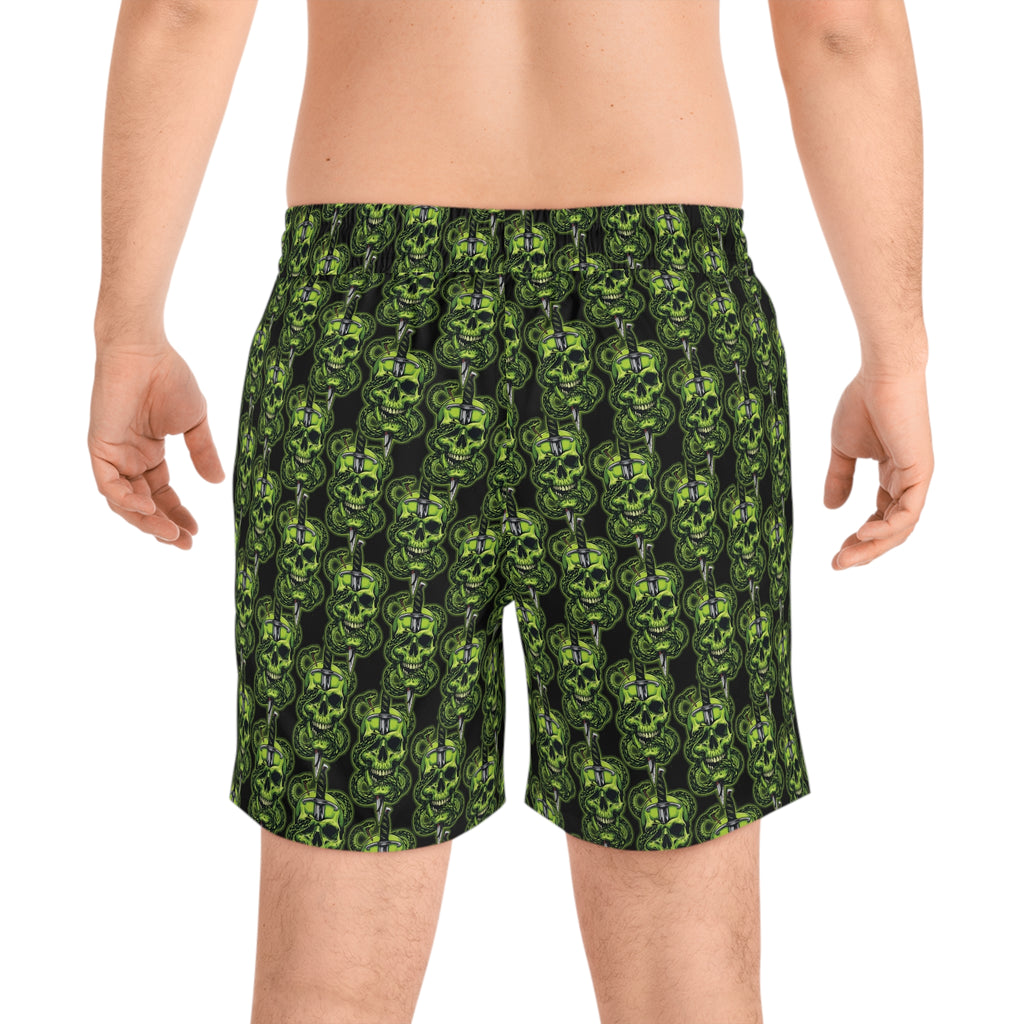 Men's Green Skull & Dagger Swim Shorts - Gothic All-Over Print
