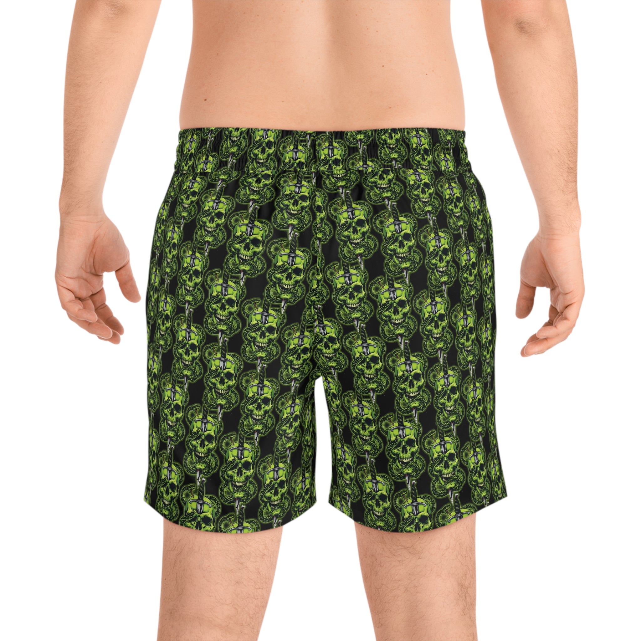 Men's Green Skull & Dagger Swim Shorts - Gothic All-Over Print