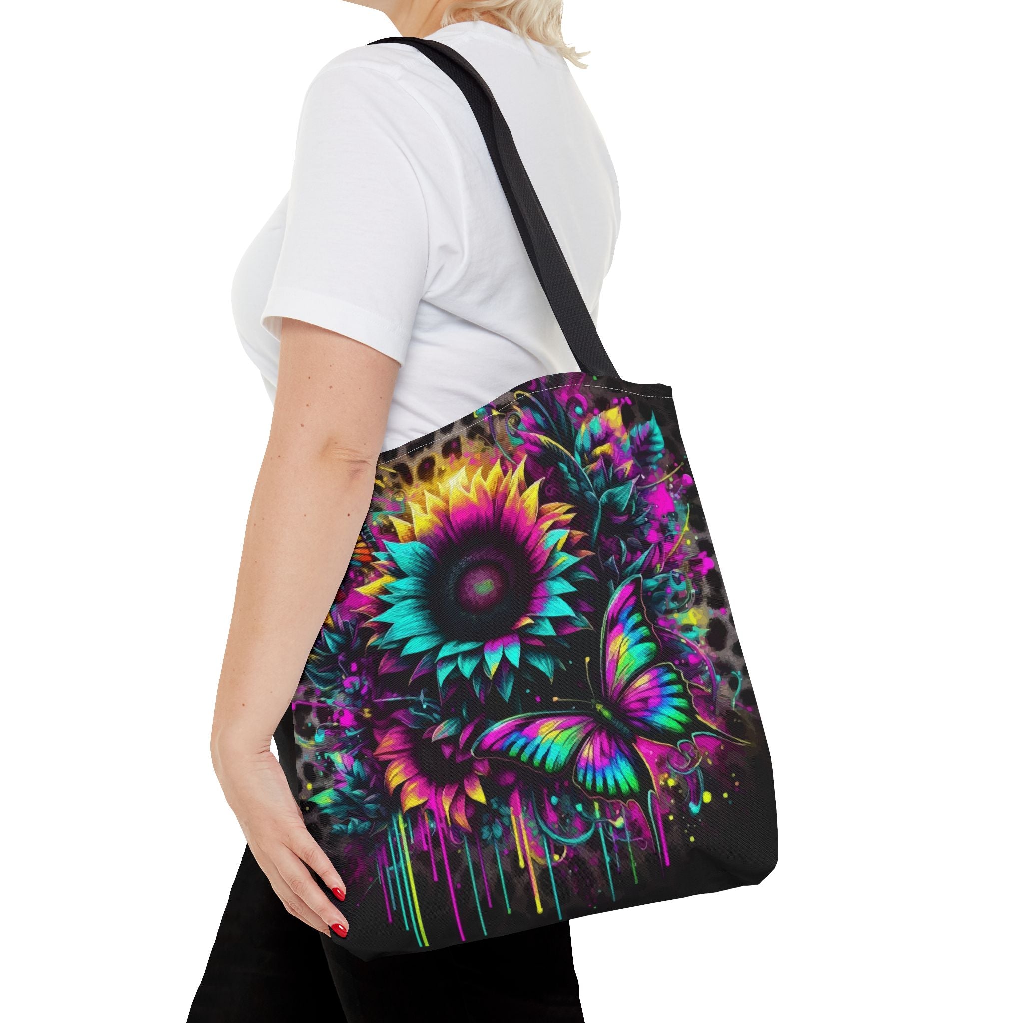 Sunflower & Butterfly Neon Tote Bag — Colorful Floral All-Over Print Tote