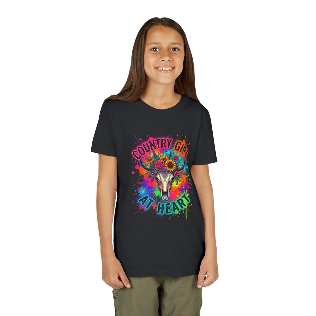 Youth Tee — "Country Girl at Heart" Colorful Cow Skull Graphic