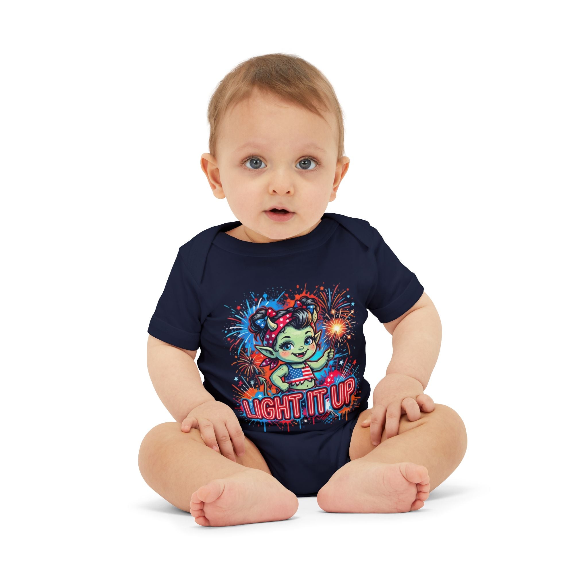 Baby Onesie "Light It Up" Patriotic Firework Elf Graphic Infant Bodysuit