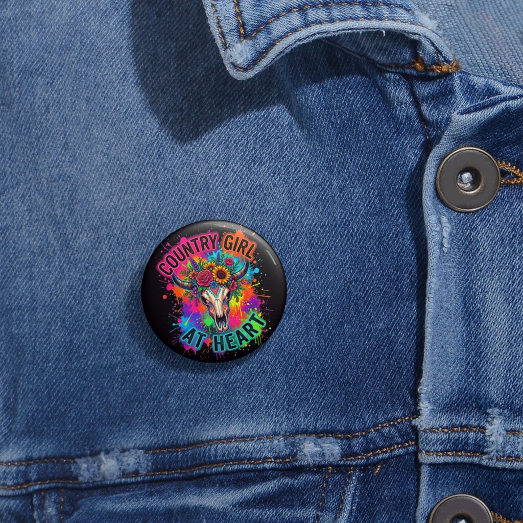 Country Girl At Heart Pin Button – Colorful Cow Skull Floral Badge