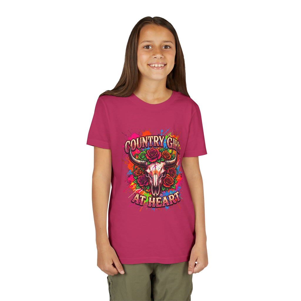 Youth Tee - "Country Girl at Heart" Colorful Bull Skull Graphic