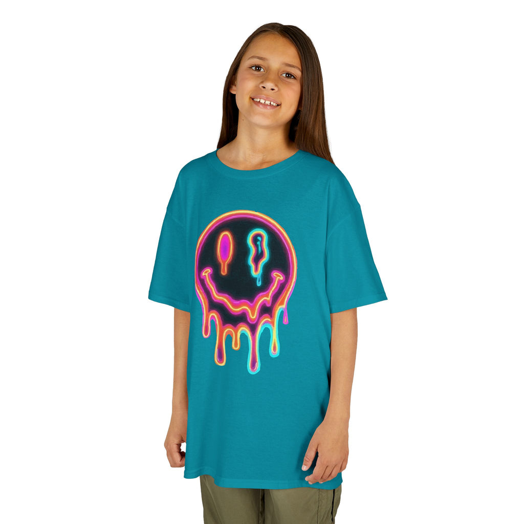 Kids Neon Drip Smiley T-Shirt — Colorful Melting Emoji Tee for Boys & Girls