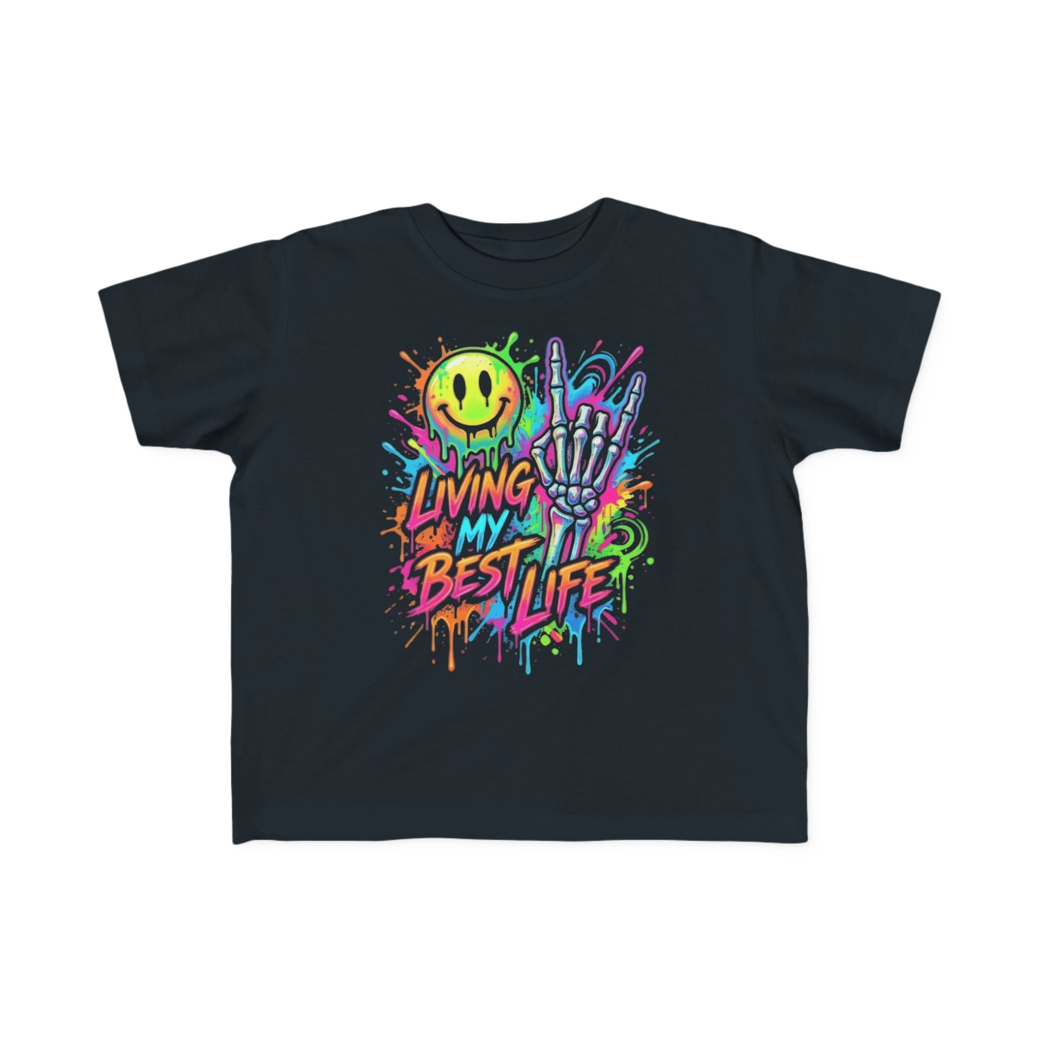 Toddler Tee - "Living My Best Life" Neon Graffiti Smile Skeleton Hand