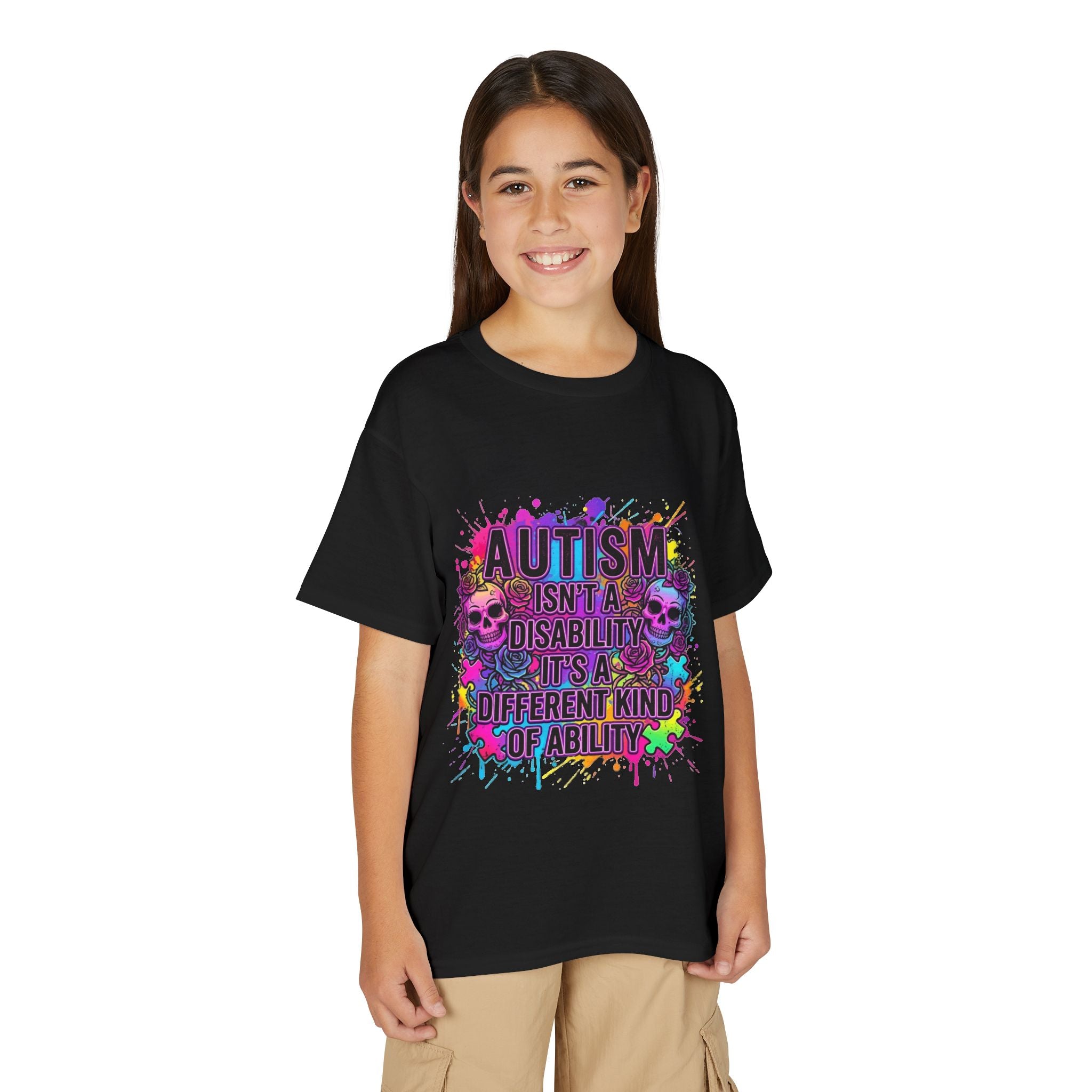Youth T-Shirt — "Autism Isn't a Disability It's a Different Kind of Ability" Colorful Skull Splash