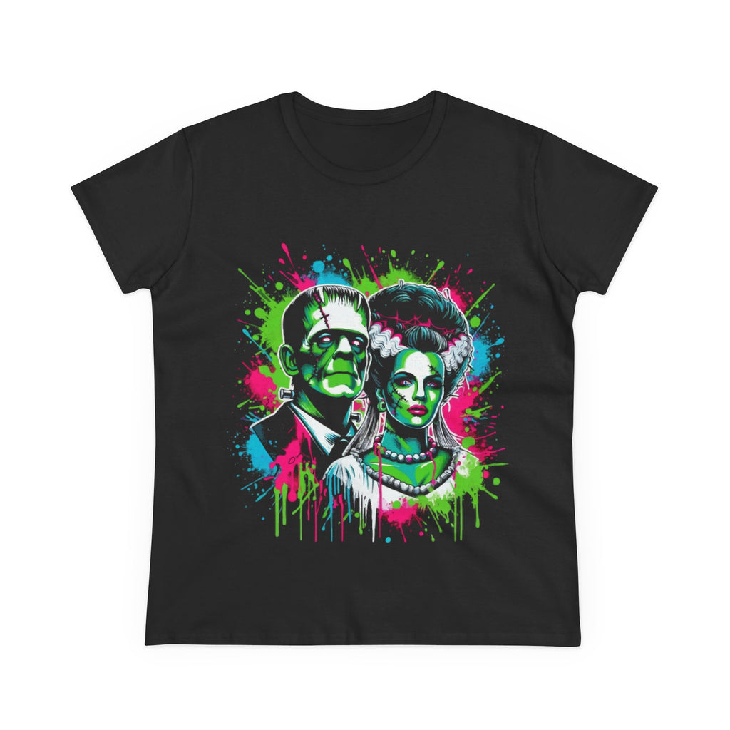 Frankenstein & Bride Neon Splash Women's Tee — Retro Horror Halloween Graphic Shirt