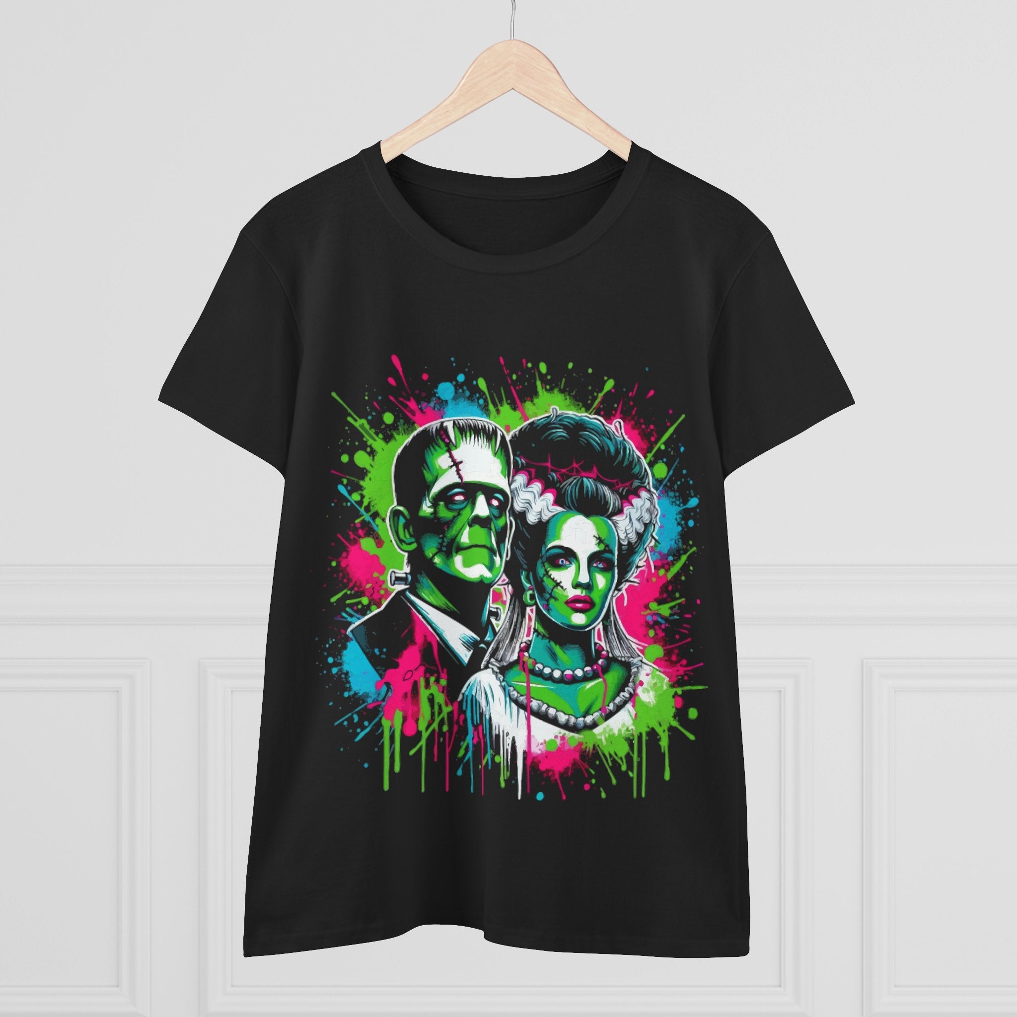 Frankenstein & Bride Neon Splash Women's Tee — Retro Horror Halloween Graphic Shirt