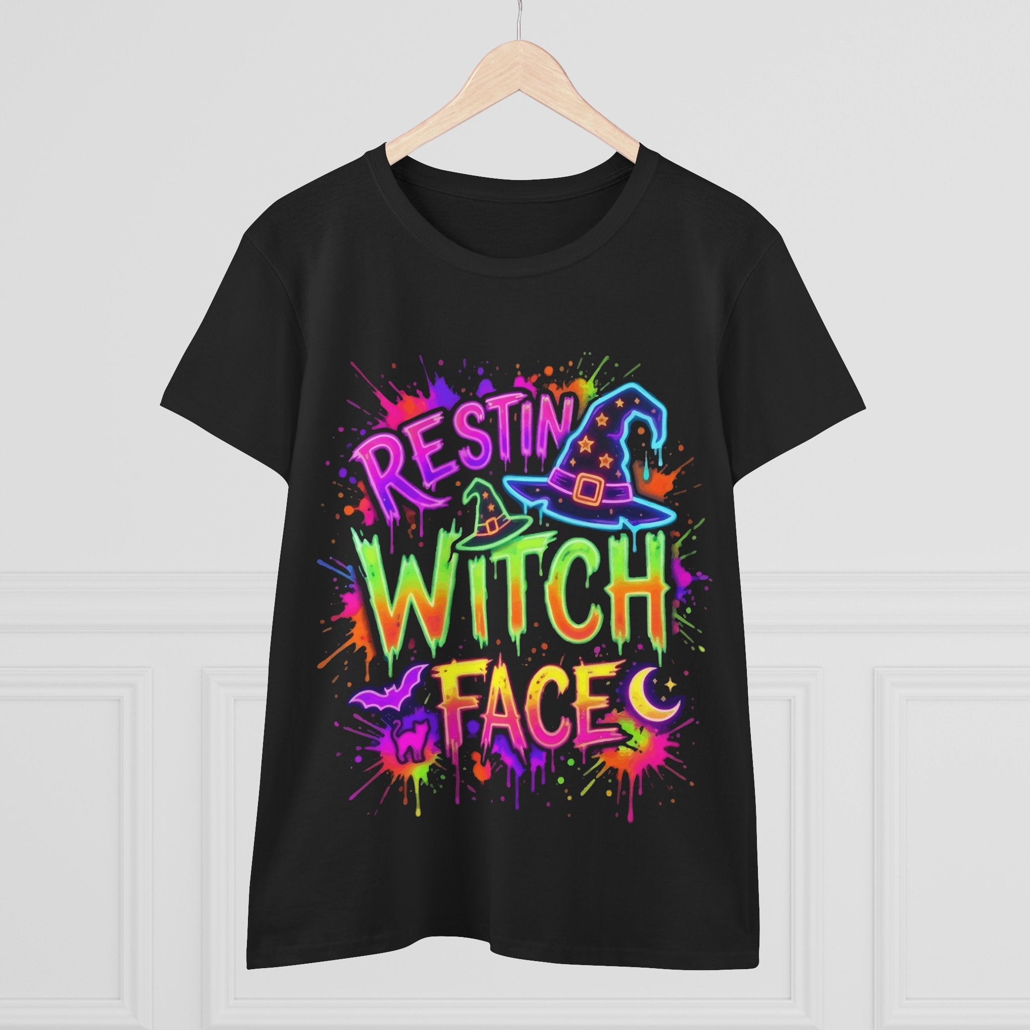 Restin' Witch Face Women's Tee — Colorful Neon Halloween Shirt