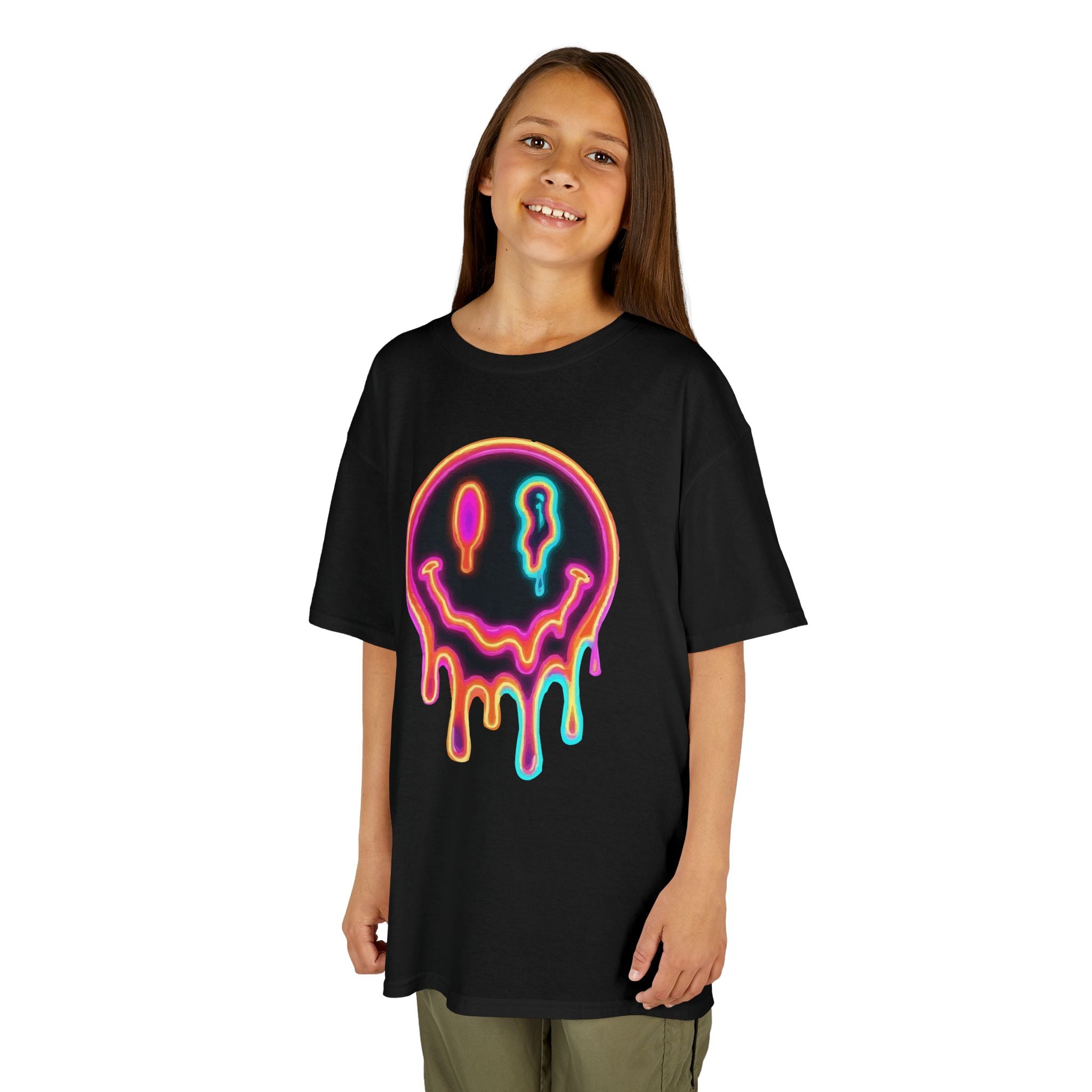 Kids Neon Drip Smiley T-Shirt — Colorful Melting Emoji Tee for Boys & Girls