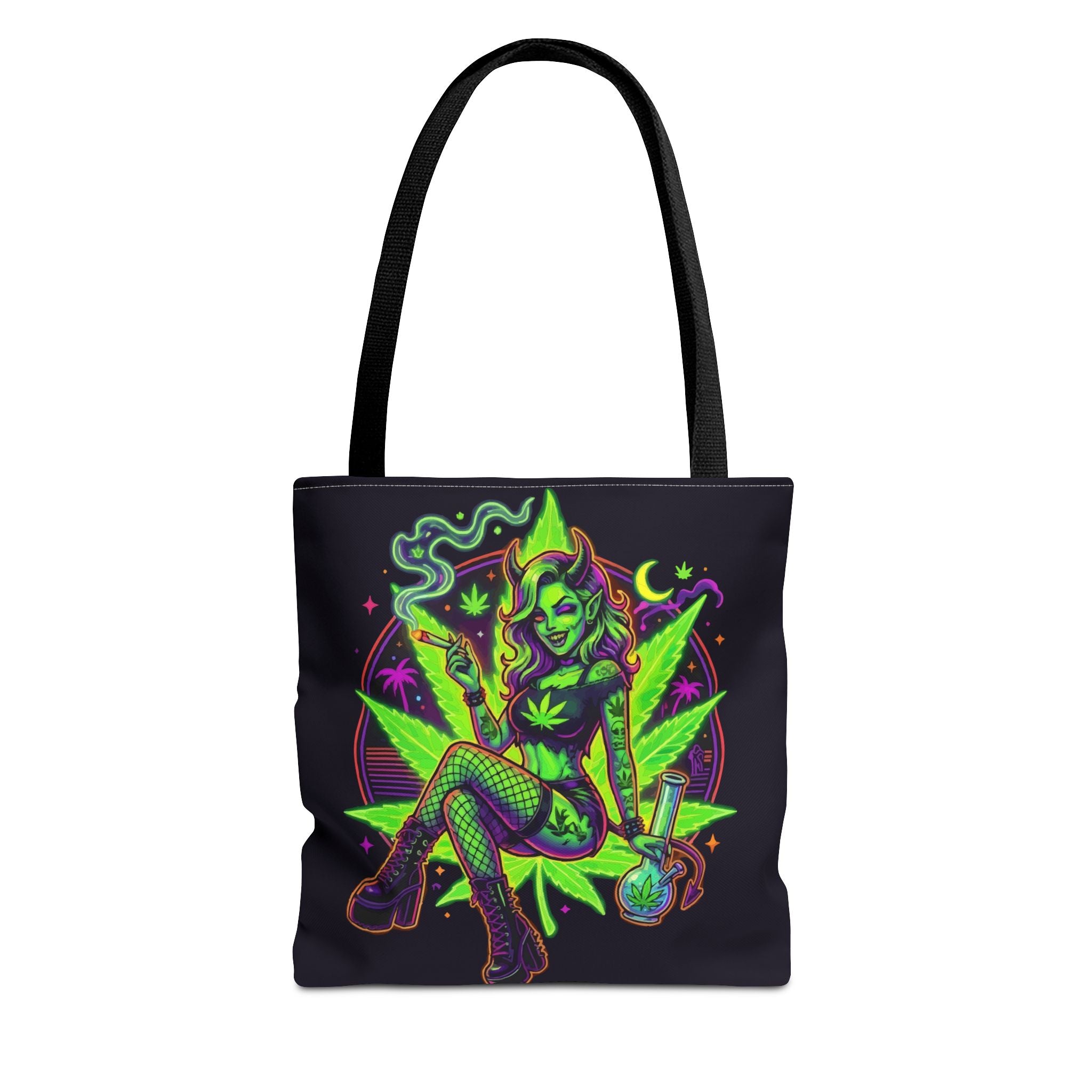 Psychedelic Witch Tote Bag — Neon Cannabis Pinup All-Over Print