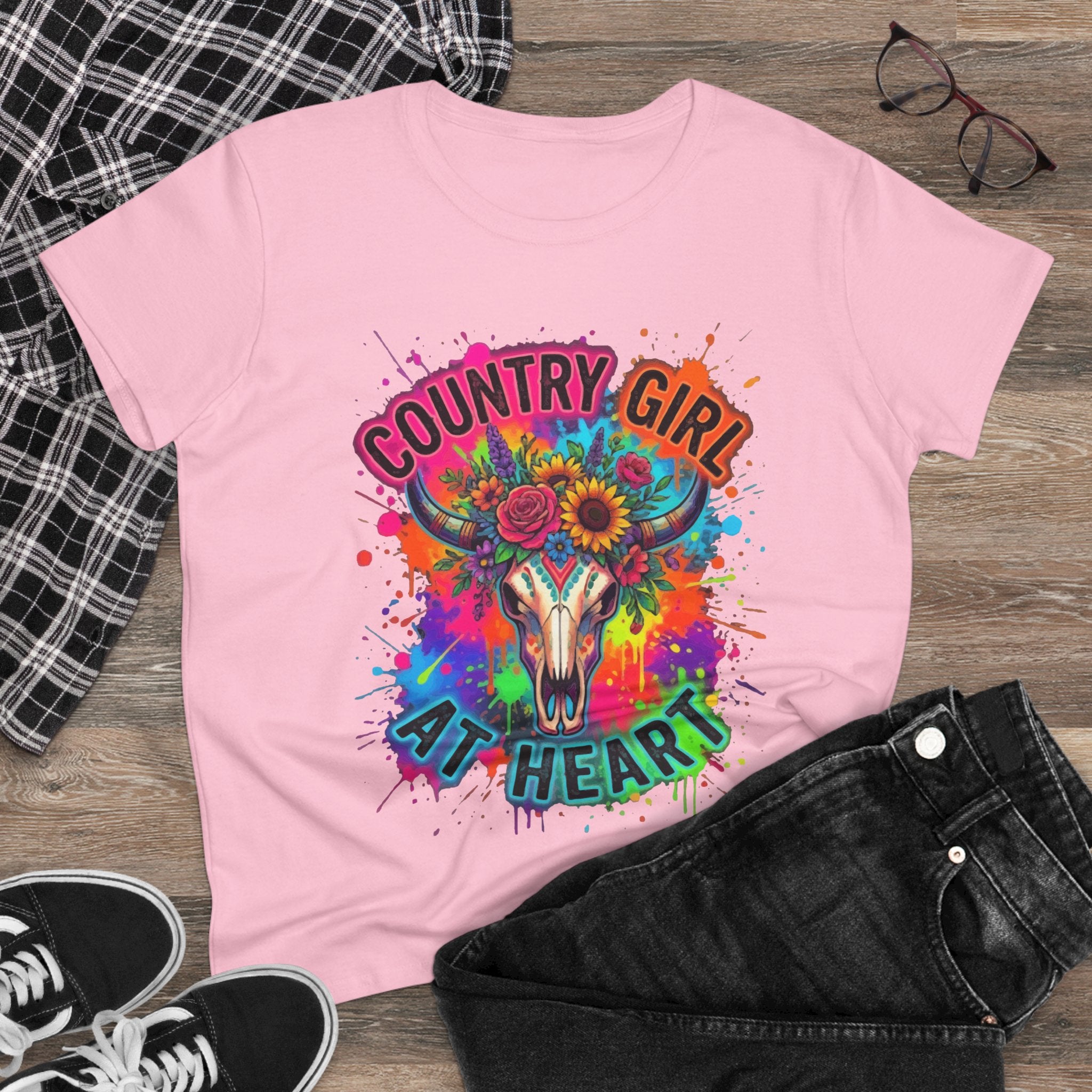 Country Girl At Heart Tee — Colorful Floral Cow Skull Women's T‑Shirt