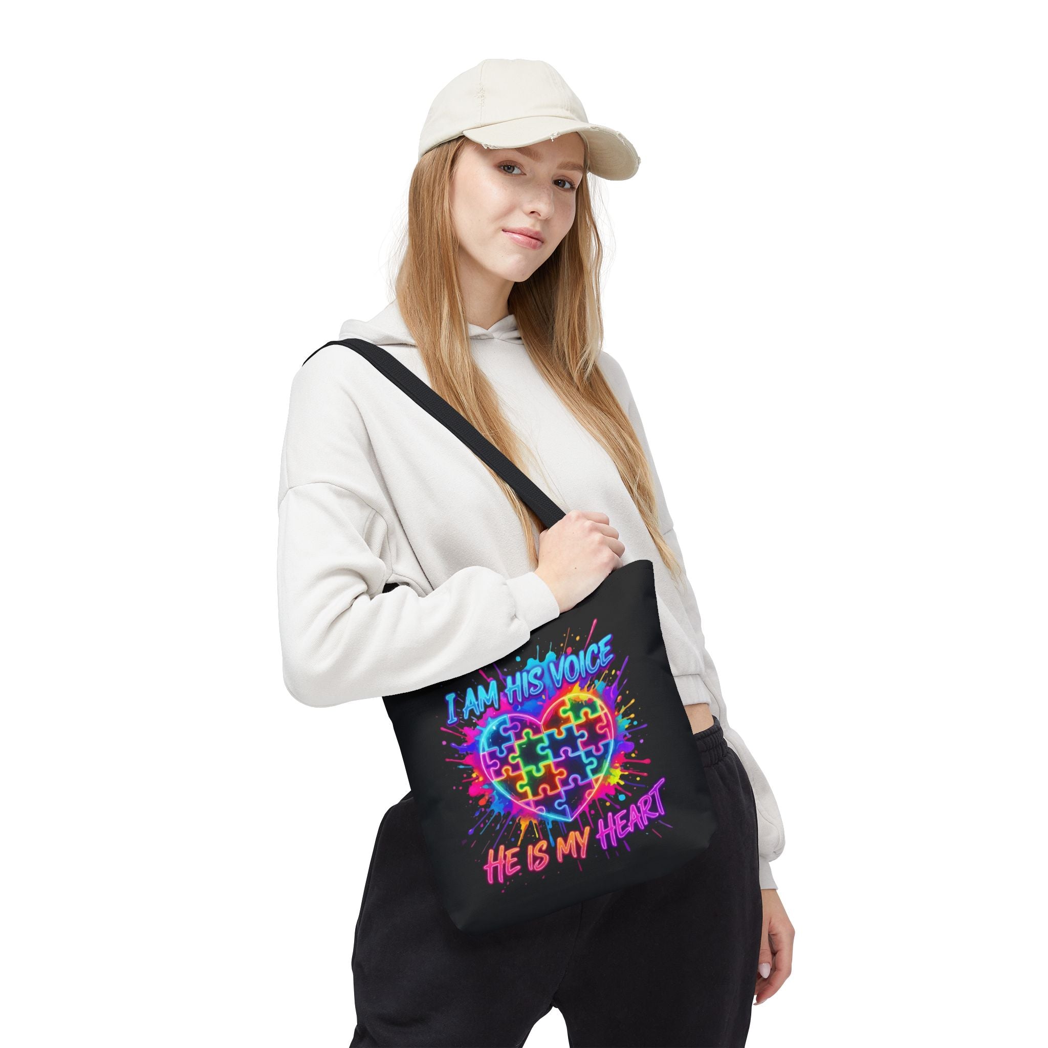 Autism Awareness Tote Bag — "I Am His Voice, He Is My Heart" Colorful Puzzle Heart