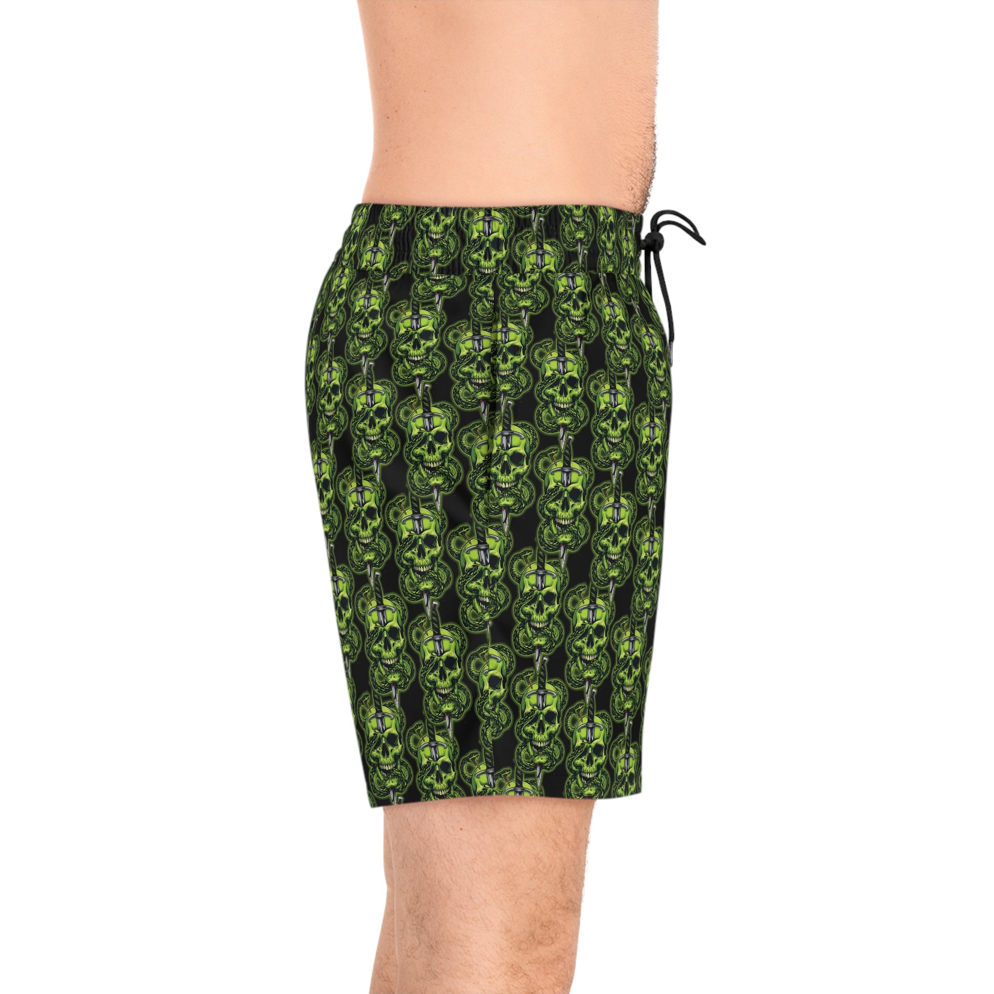 Men's Green Skull & Dagger Swim Shorts - Gothic All-Over Print