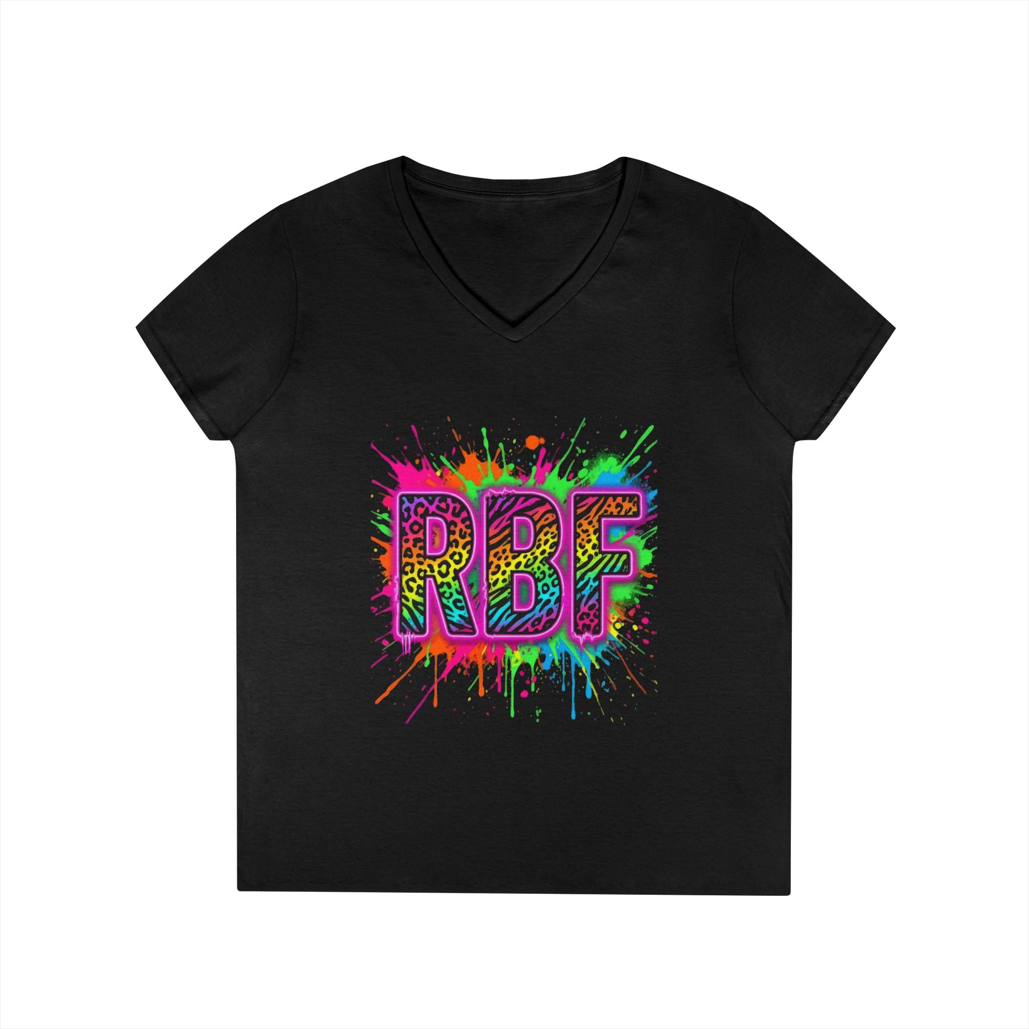 RBF Neon Splash V-Neck Tee — Bold Rainbow Graphic for Women