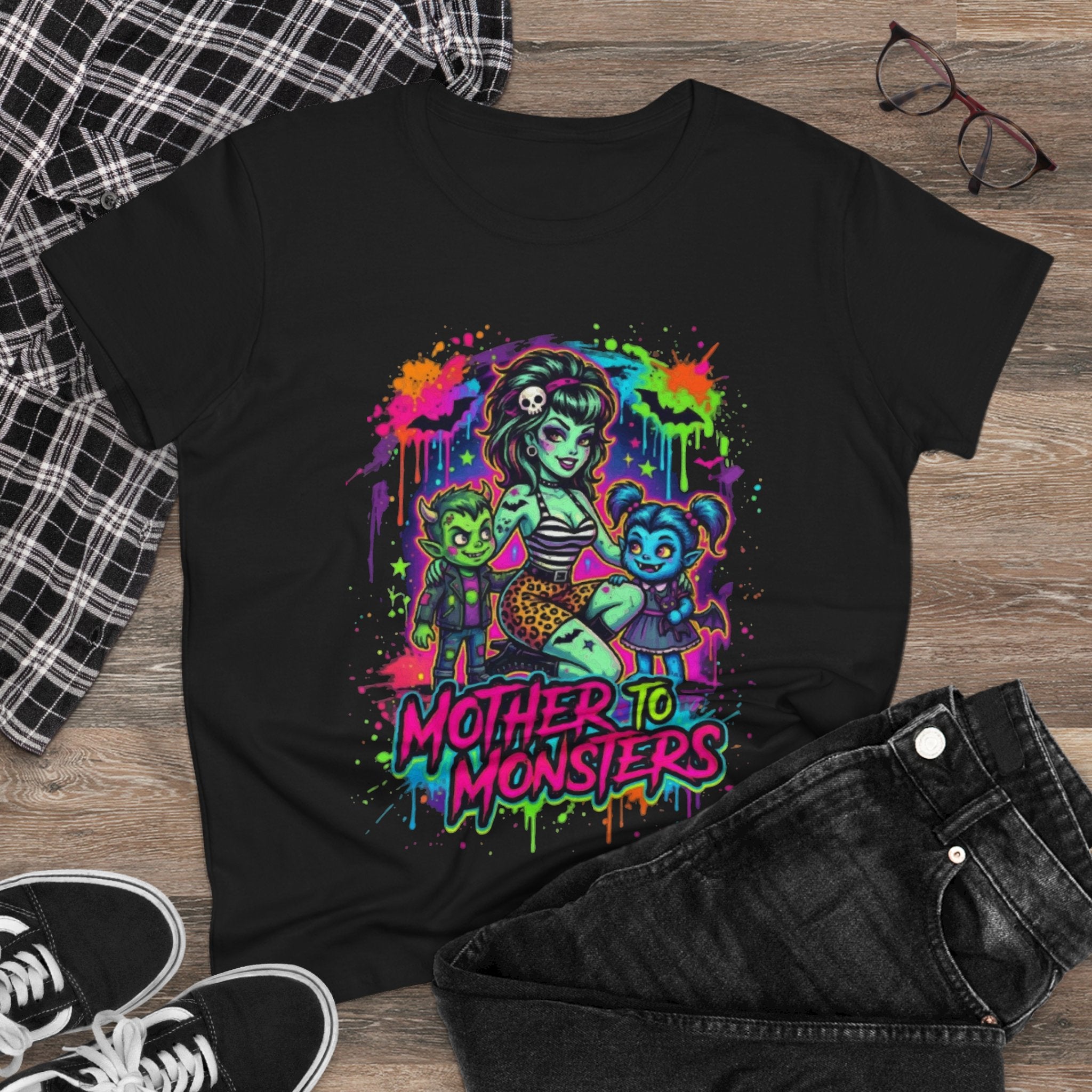 Mother to Monsters Tee — Neon Retro Mom & Kids Halloween Shirt