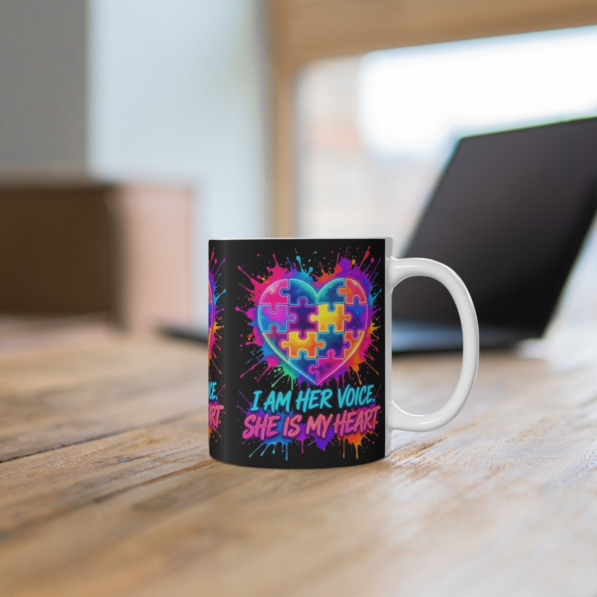 Autism Awareness Mug — "I Am Her Voice, She Is My Heart" Colorful Puzzle Heart